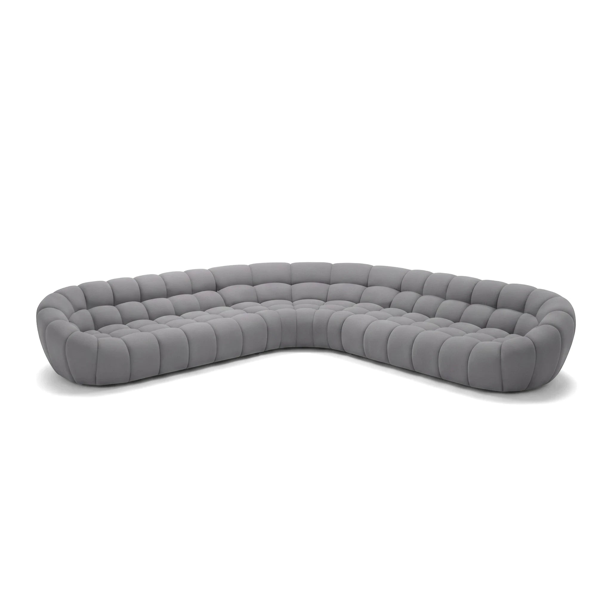 Gray curved tufted Bubble Sofa sectional, a modern and comfortable furniture piece for a contemporary living room setting.