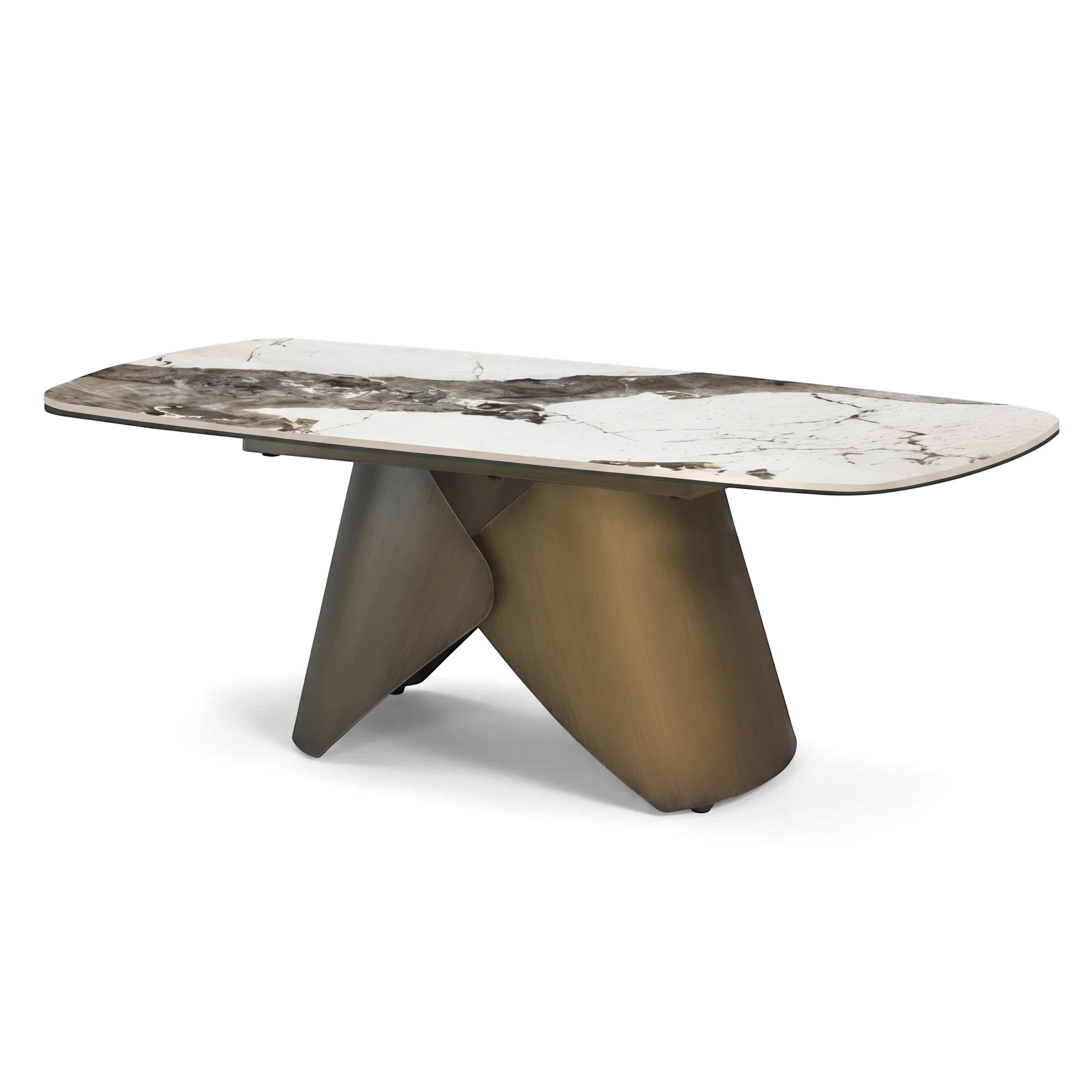Harmony Coffee Table with a white and gray marble top and a unique bronze sculptural base, shown from an elevated