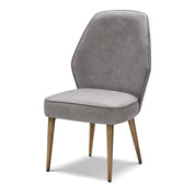 Modern gray upholstered Harmony Dining Room Chair with gold-toned metal legs, presented at a slight angle on a white