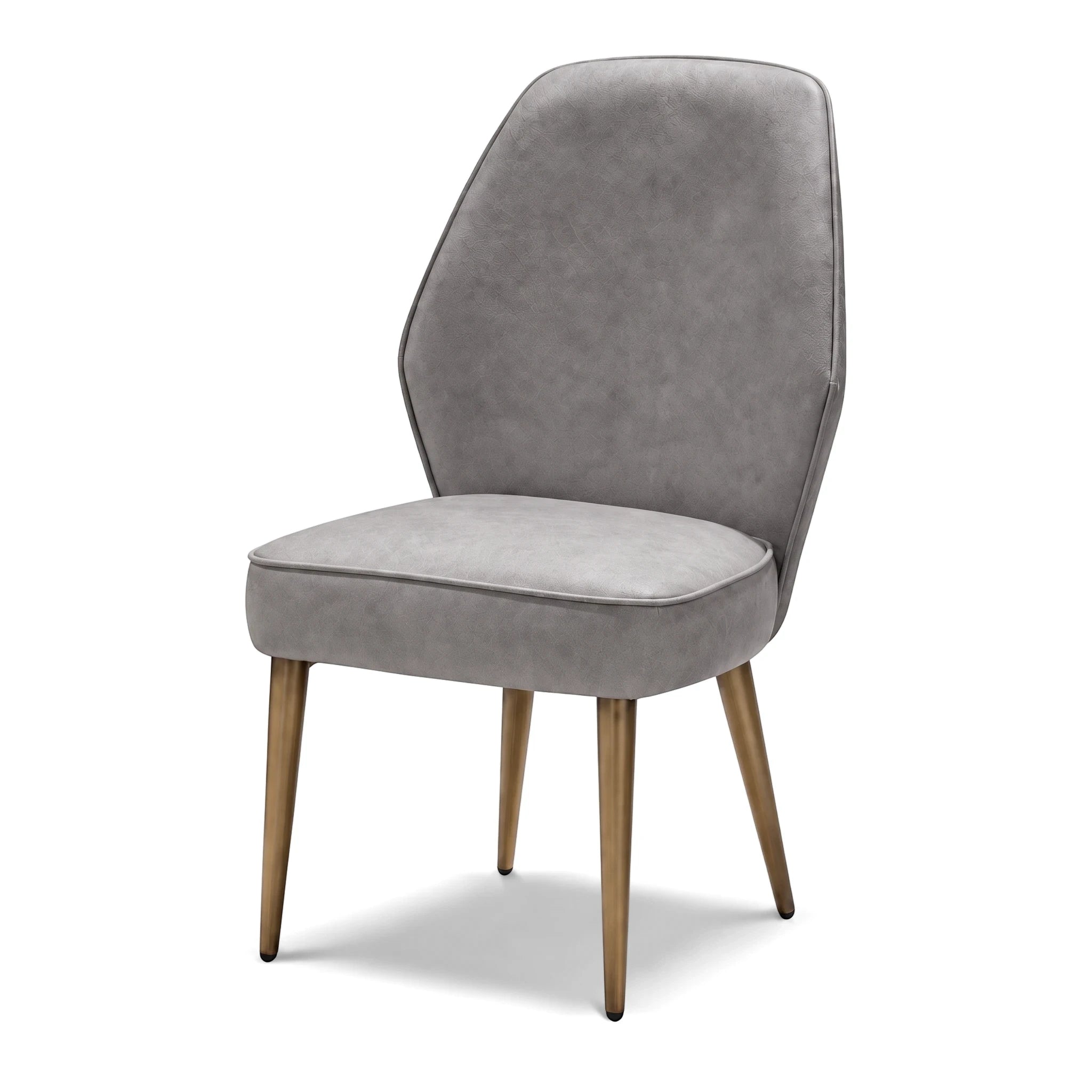 Modern gray upholstered Harmony Dining Room Chair with gold-toned metal legs, presented at a slight angle on a white