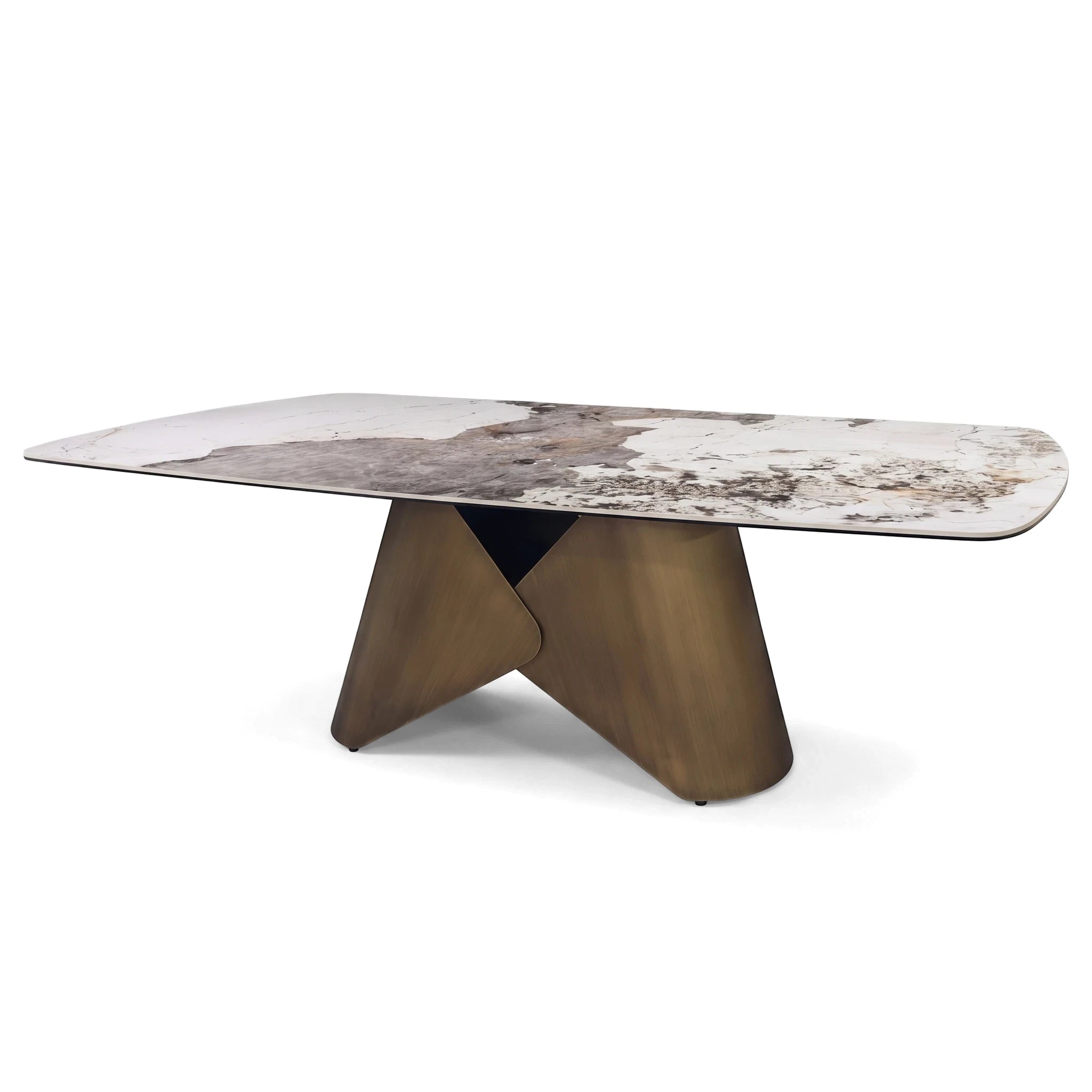 Modern Harmony Dining Room Table with a rectangular marble-patterned top and a striking bronze sculptural base.