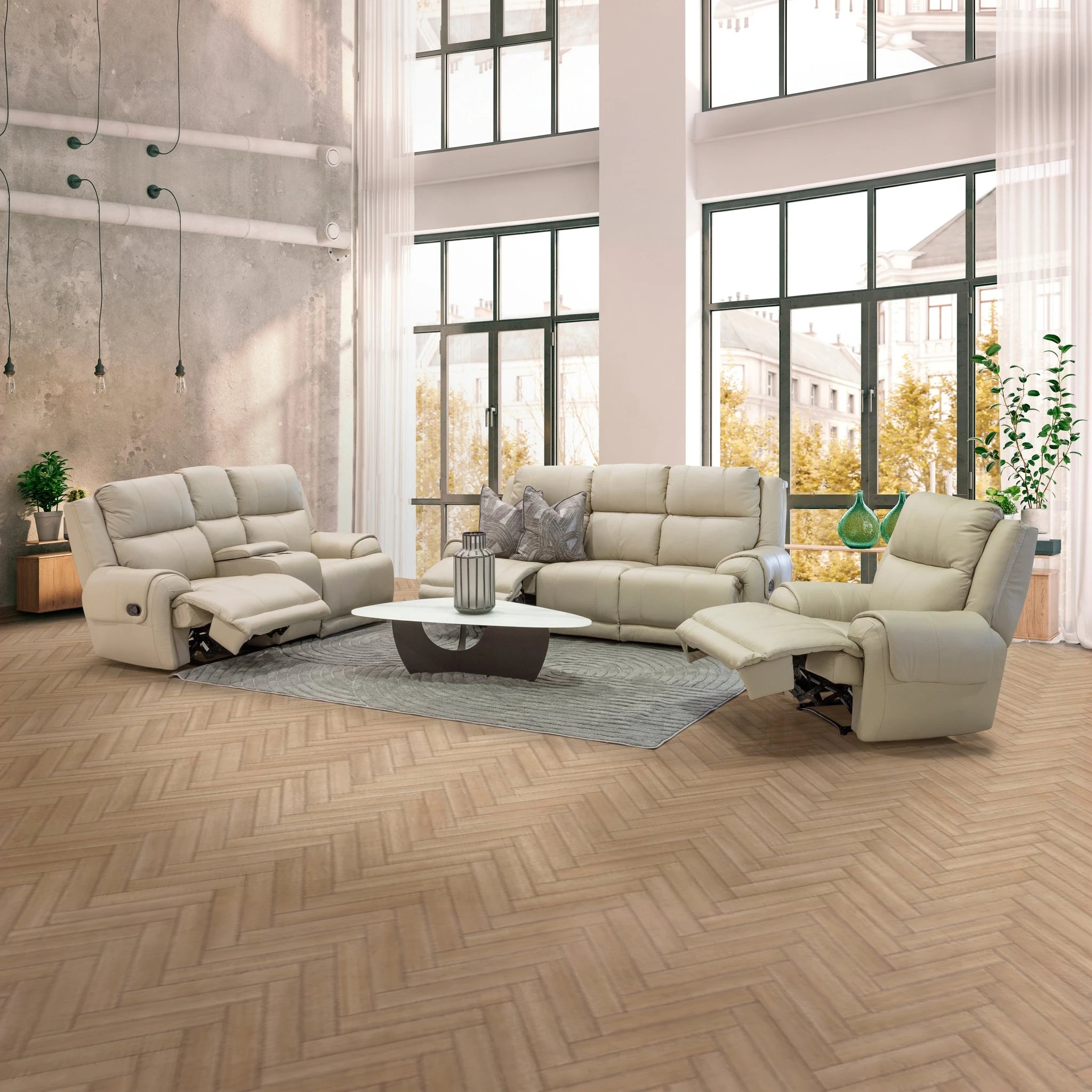 Harvard 5 Action Cinema Lounge Suite in beige leather with reclining seats and a contemporary living area.