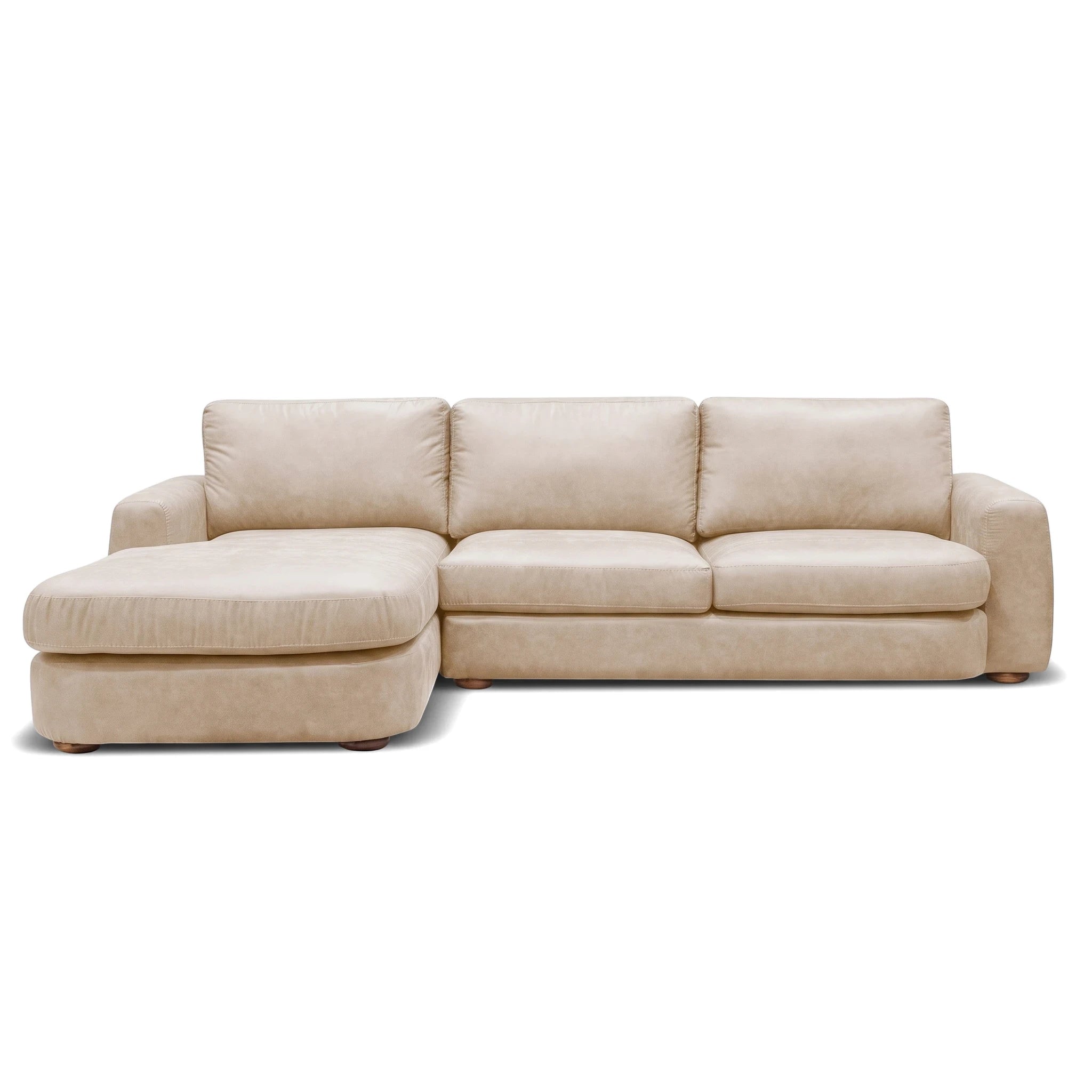 Hickory L-Shape Lounge Suite upholstered in soft beige fabric, featuring a comfortable chaise extension and sturdy wooden