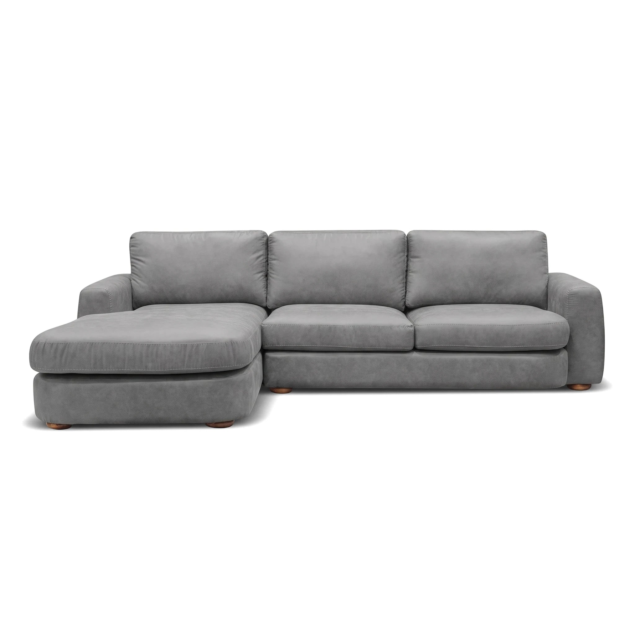 Front view of a grey fabric Hickory L-Shape Lounge Suite, featuring a chaise on the left and exposed wooden feet.