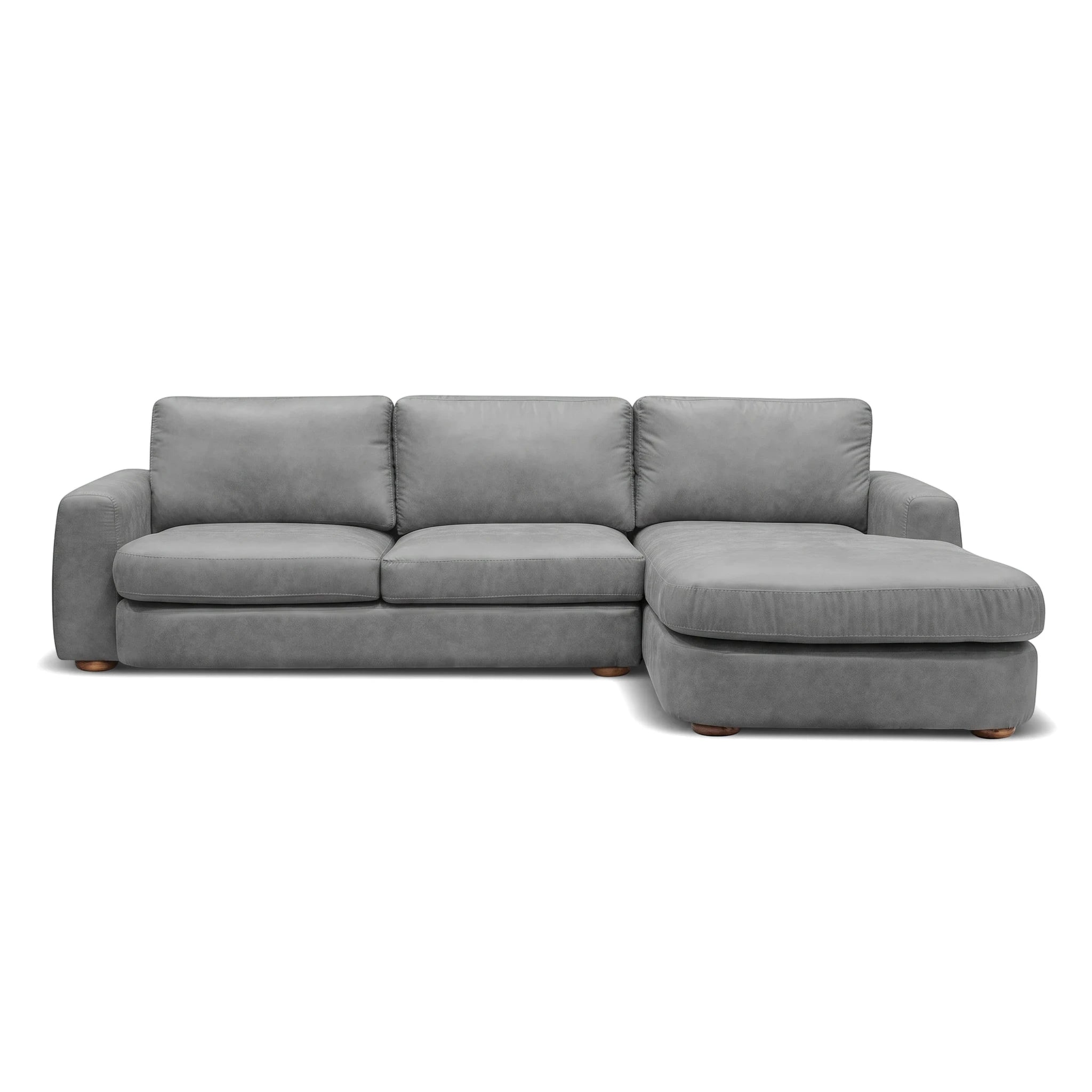 Modern grey fabric Hickory L-Shape Lounge Suite with a chaise lounge, featuring soft cushions and wooden feet.