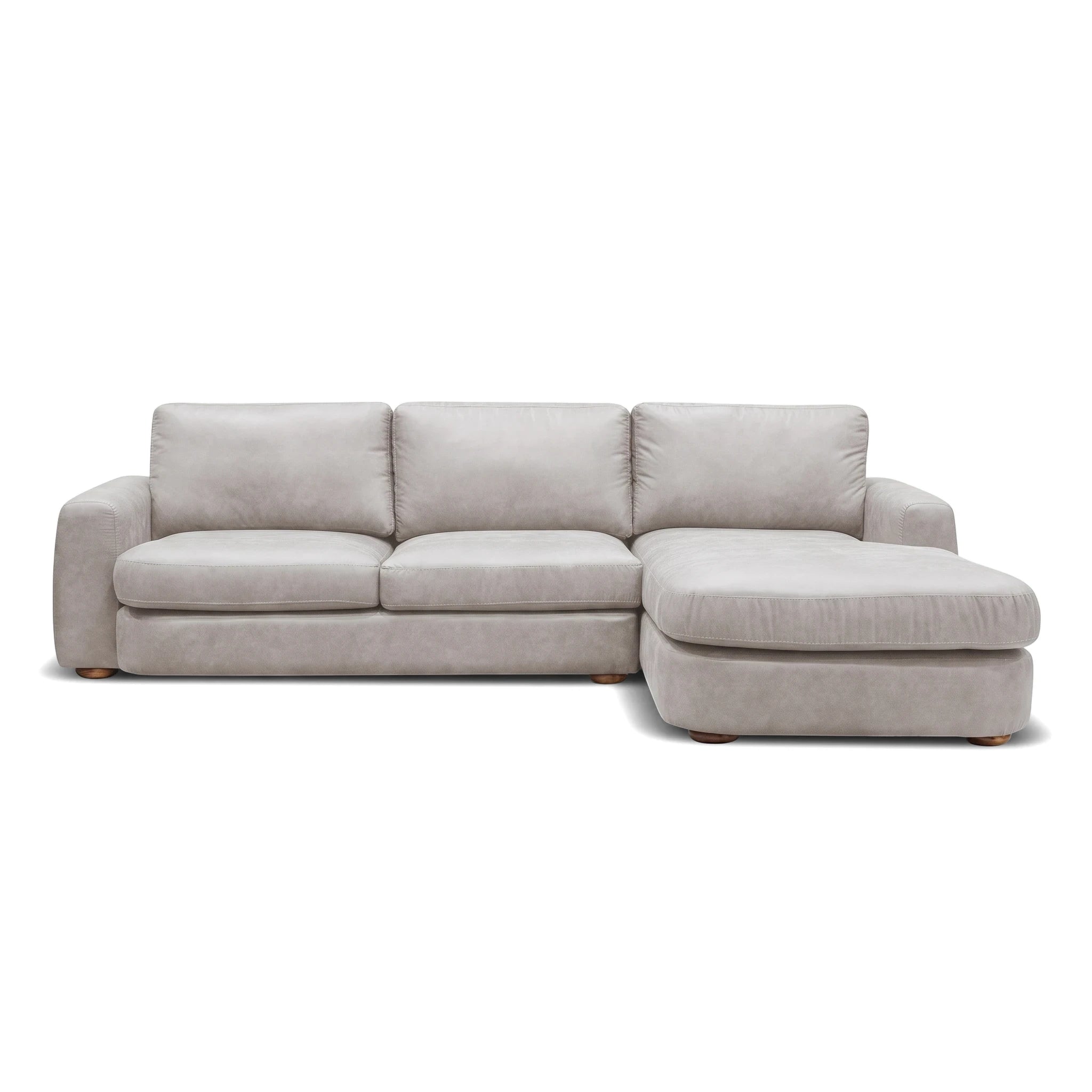 Hickory L-shape lounge suite in light gray upholstered fabric, featuring three seats and an extended chaise. Front view.