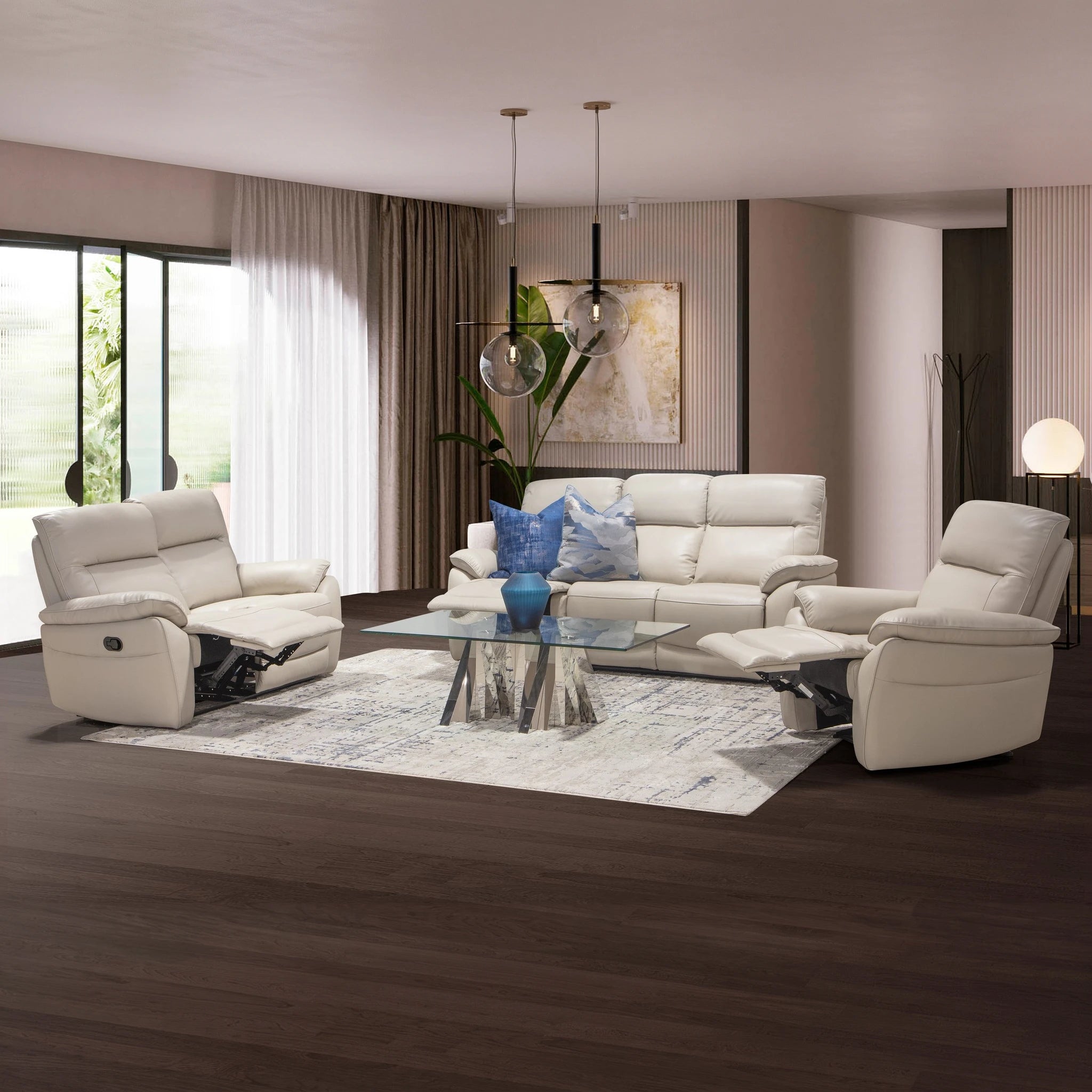 Hudson 5 Action Recliner Lounge Suite in cream leather with power recline, modern living room setup.