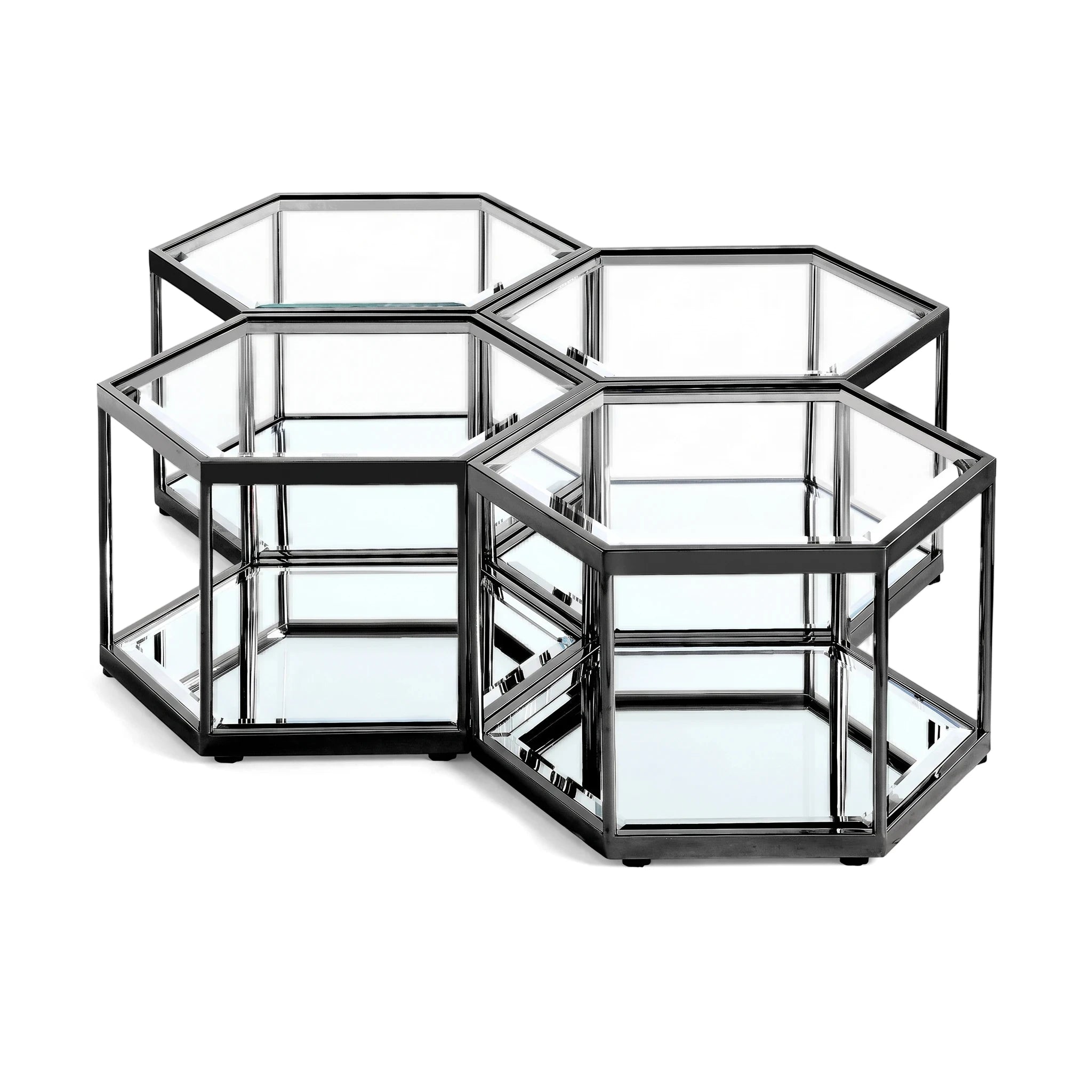 Black hexagonal Jazz Coffee Table set, crafted from black metal and clear glass, shown in a modular arrangement.