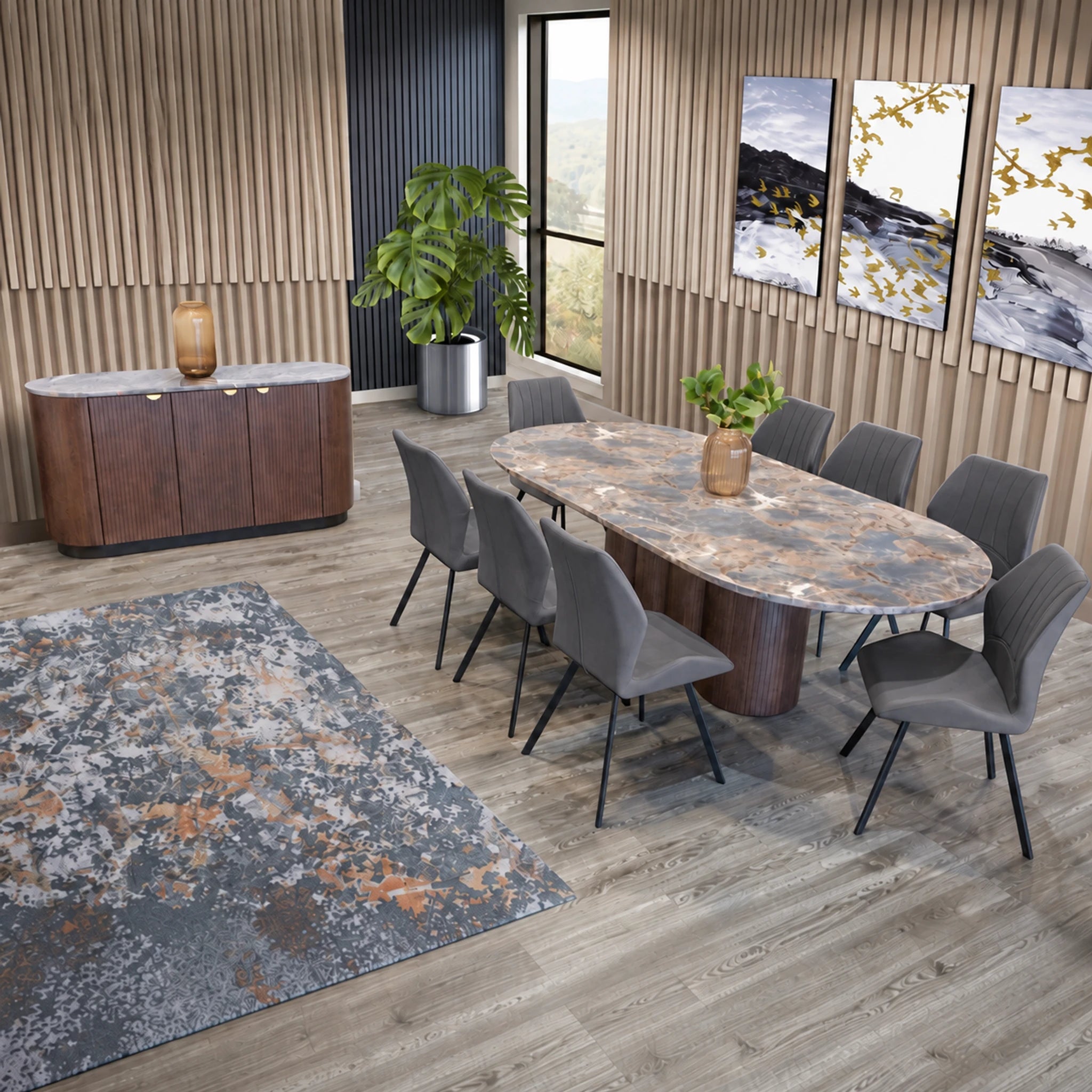 Kali Dining Room Chair in dark grey fabric with a sleek contoured back and slim black legs, shown around a marble dining