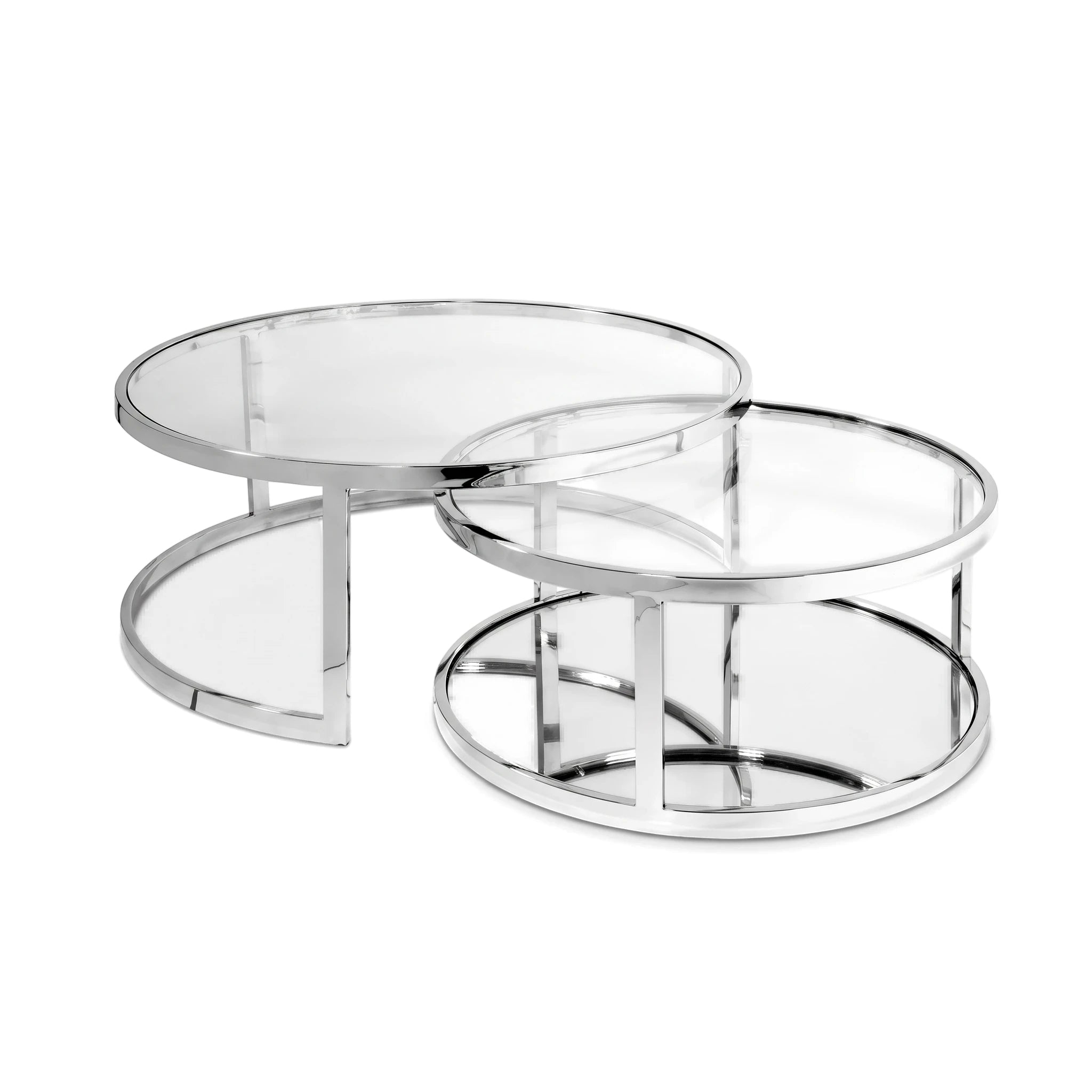 Two silver modern round glass-top Largo coffee tables, a two-piece nested set, on a white background.