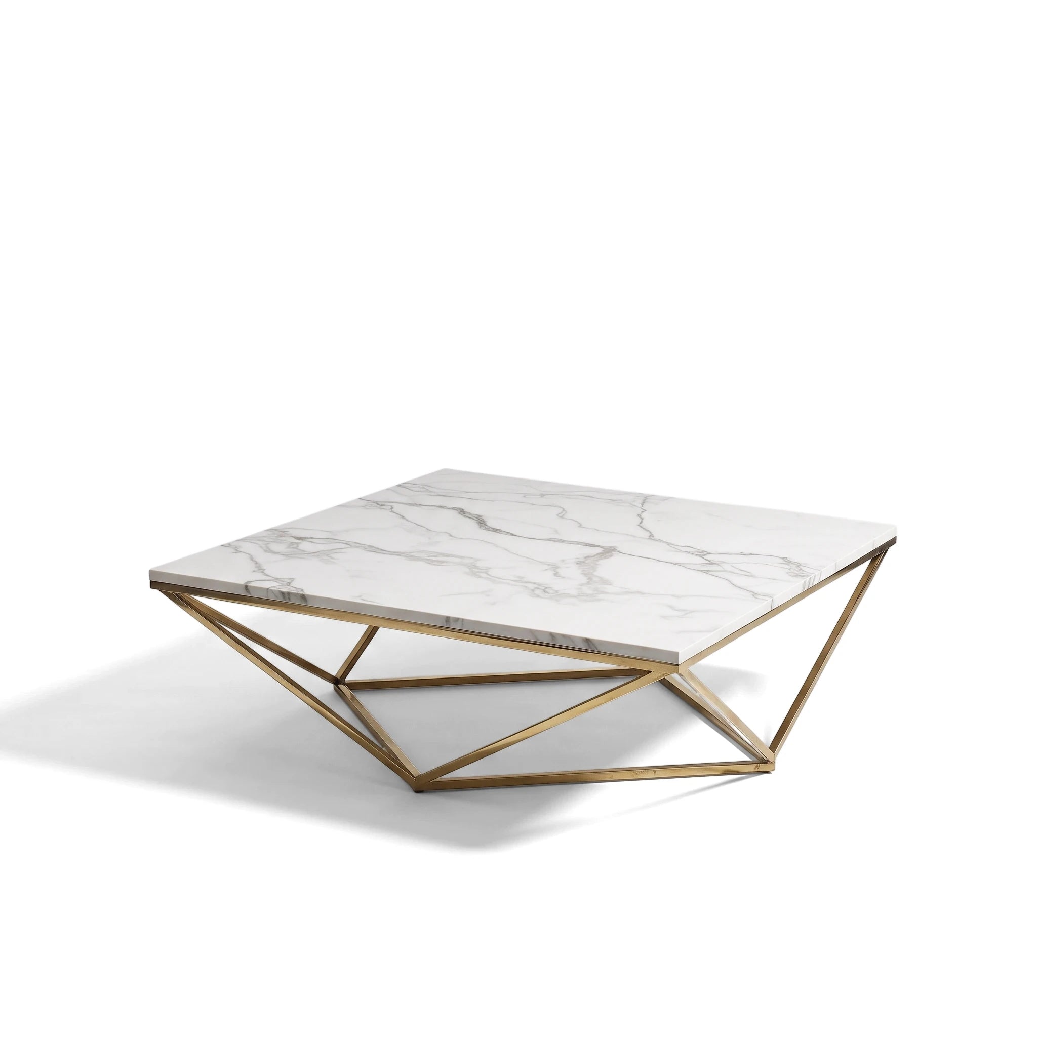 Layla square coffee table with a white marble top and a distinctive gold geometric metal base on a plain background.