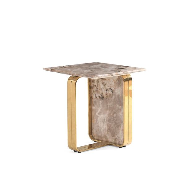 Leonardo gold metal and marble square side table featuring a U-shaped base, suitable for modern living spaces.