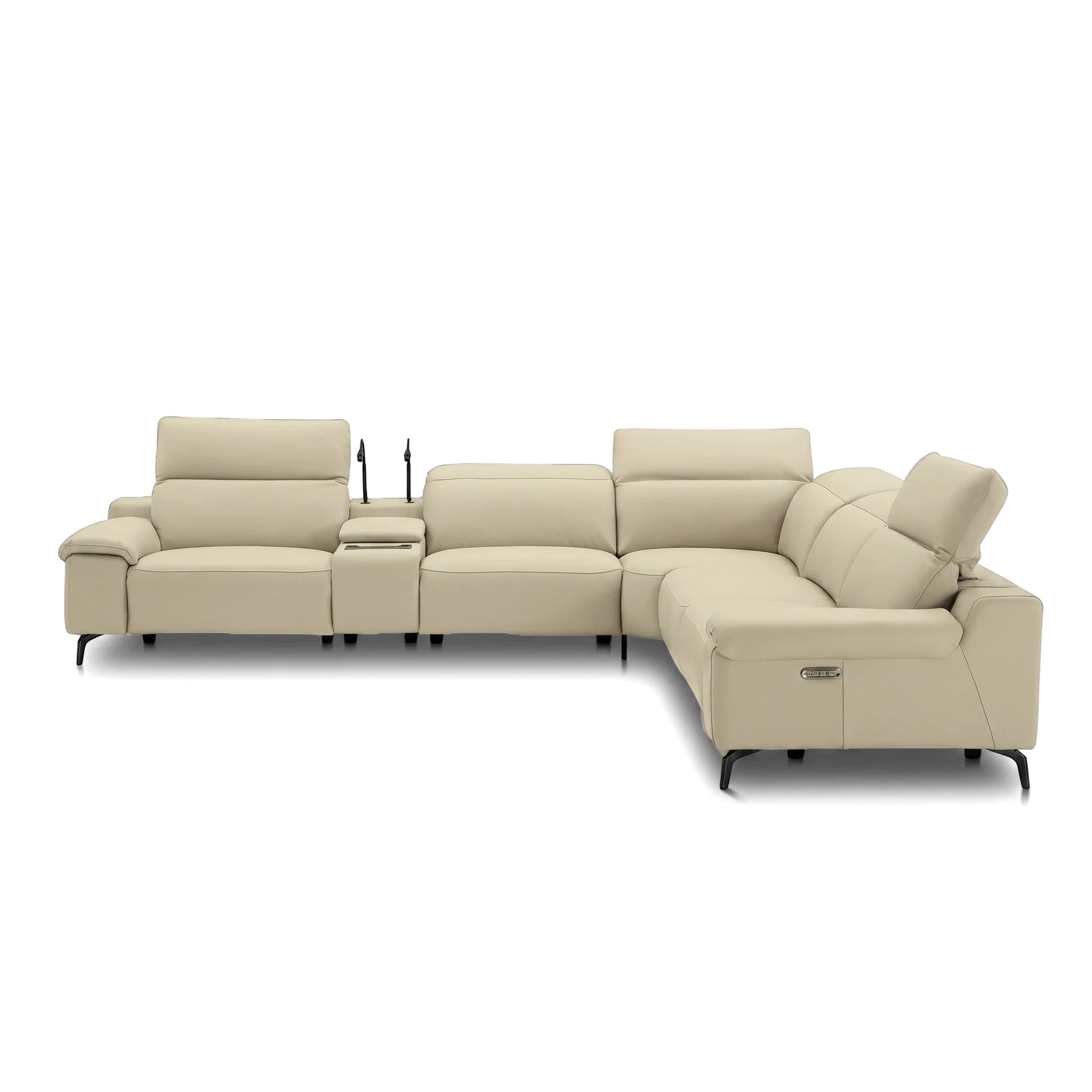 Cream leather L-shaped power recliner lounge suite with console and storage, front view.