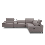 Grey leather Liberty 3 Power Recliner Lounge Suite, a modern sectional sofa with an integrated console and black metal legs.