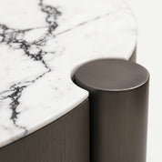 Livorno Mk 2 coffee table in grey oak, close-up of rounded edge with white veined tabletop and recessed circular accent.