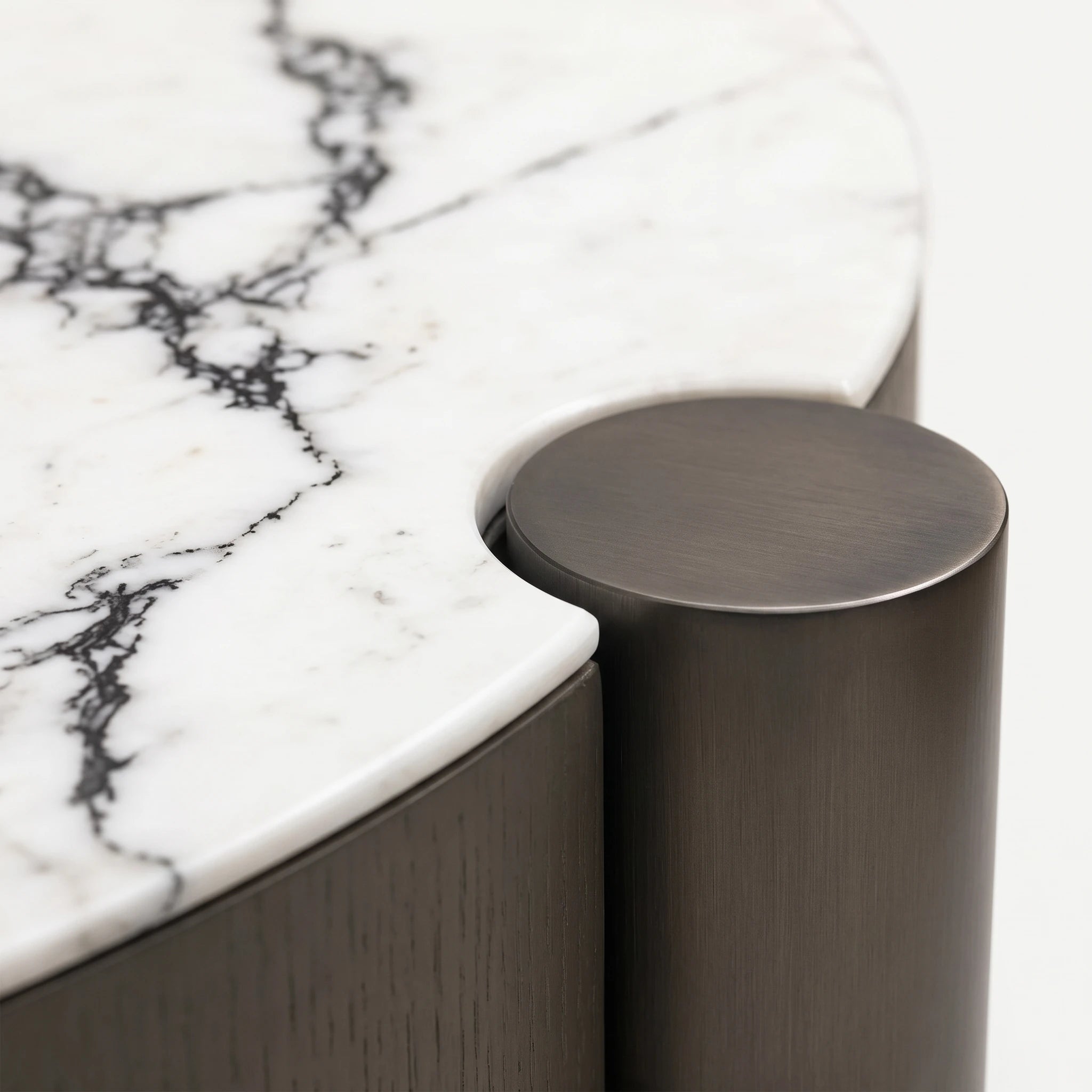 Livorno Mk 2 coffee table in grey oak, close-up of rounded edge with white veined tabletop and recessed circular accent.