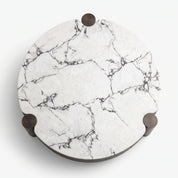 Livorno Mk 2 coffee table with round white marble effect top and dark legs, shown from above.