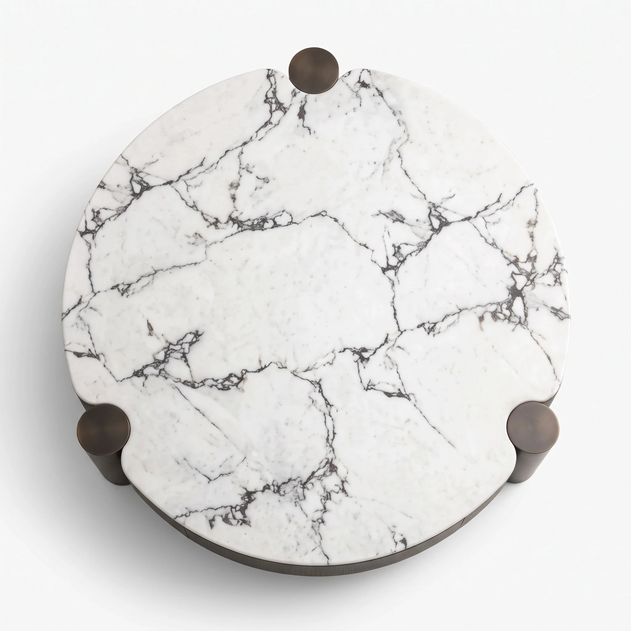 Livorno Mk 2 coffee table with round white marble effect top and dark legs, shown from above.