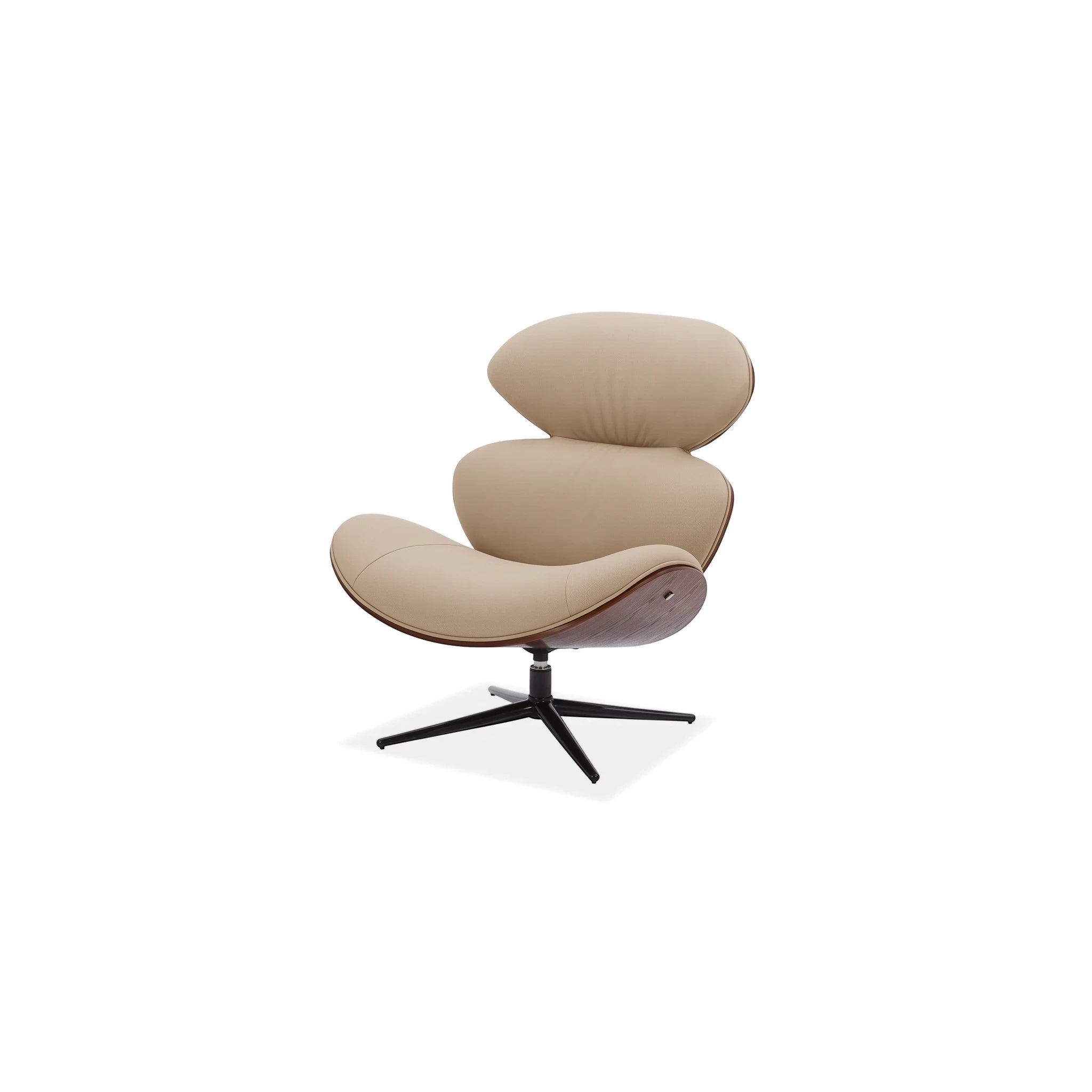 Modern Loretto swivel chair in beige leather with a dark wood shell and black metal base, designed for comfort.