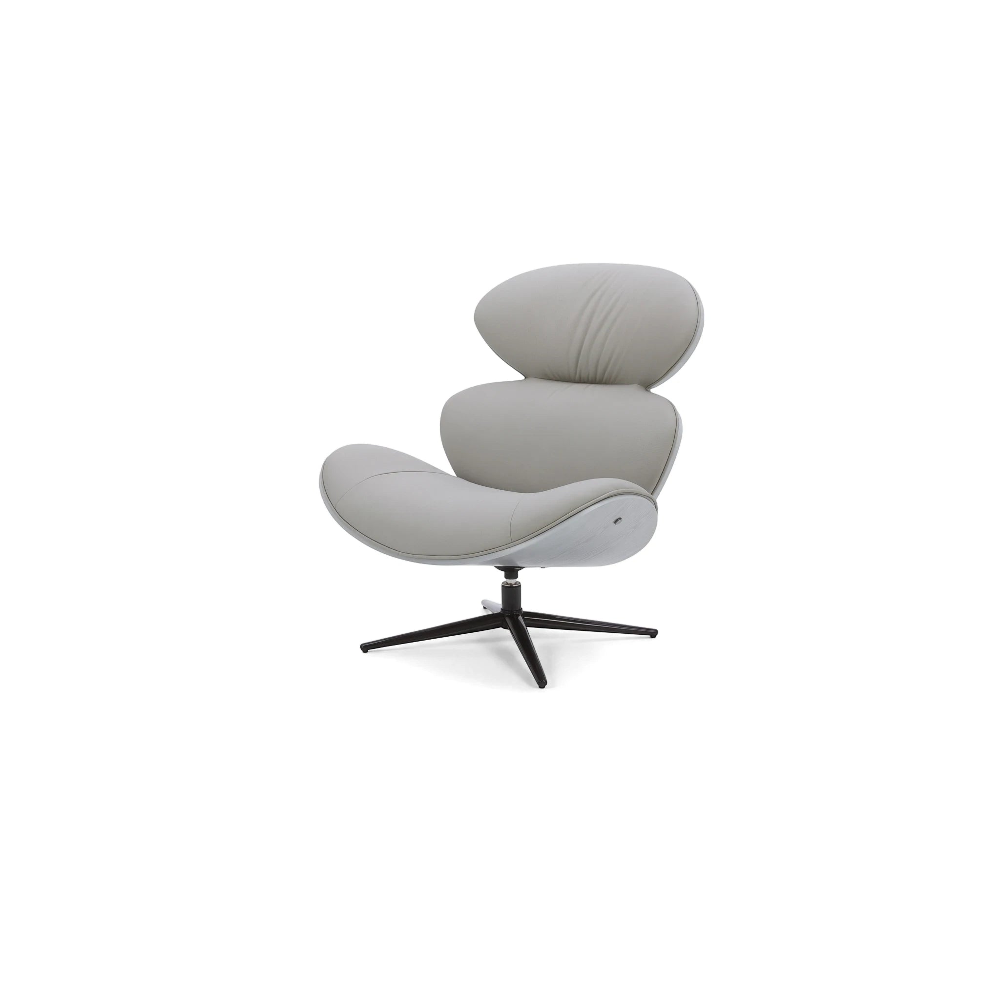 Light gray upholstered Loretto swivel chair with a modern design and black splayed metal base, isolated on white.