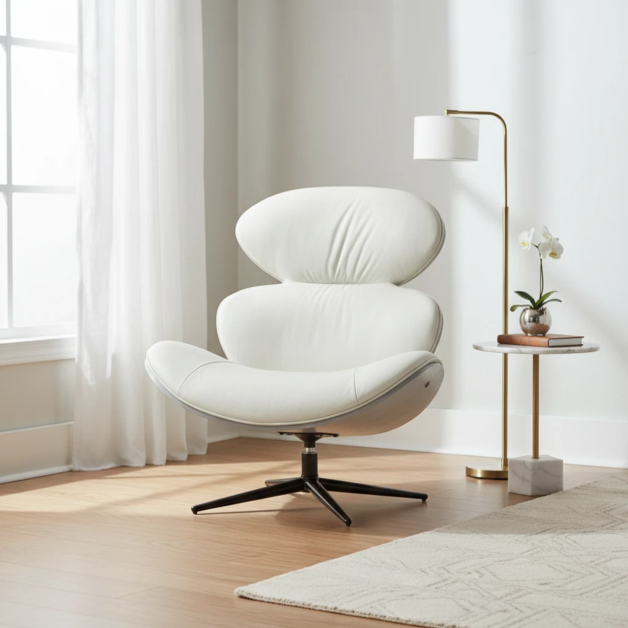 Loretto Swivel Chair in white upholstery with curved back and seat for modern lounge seating.