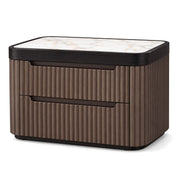 Luciana Black-Brown pedestal featuring a brown fluted body, black trim, and an elegant white marble top with two integrated