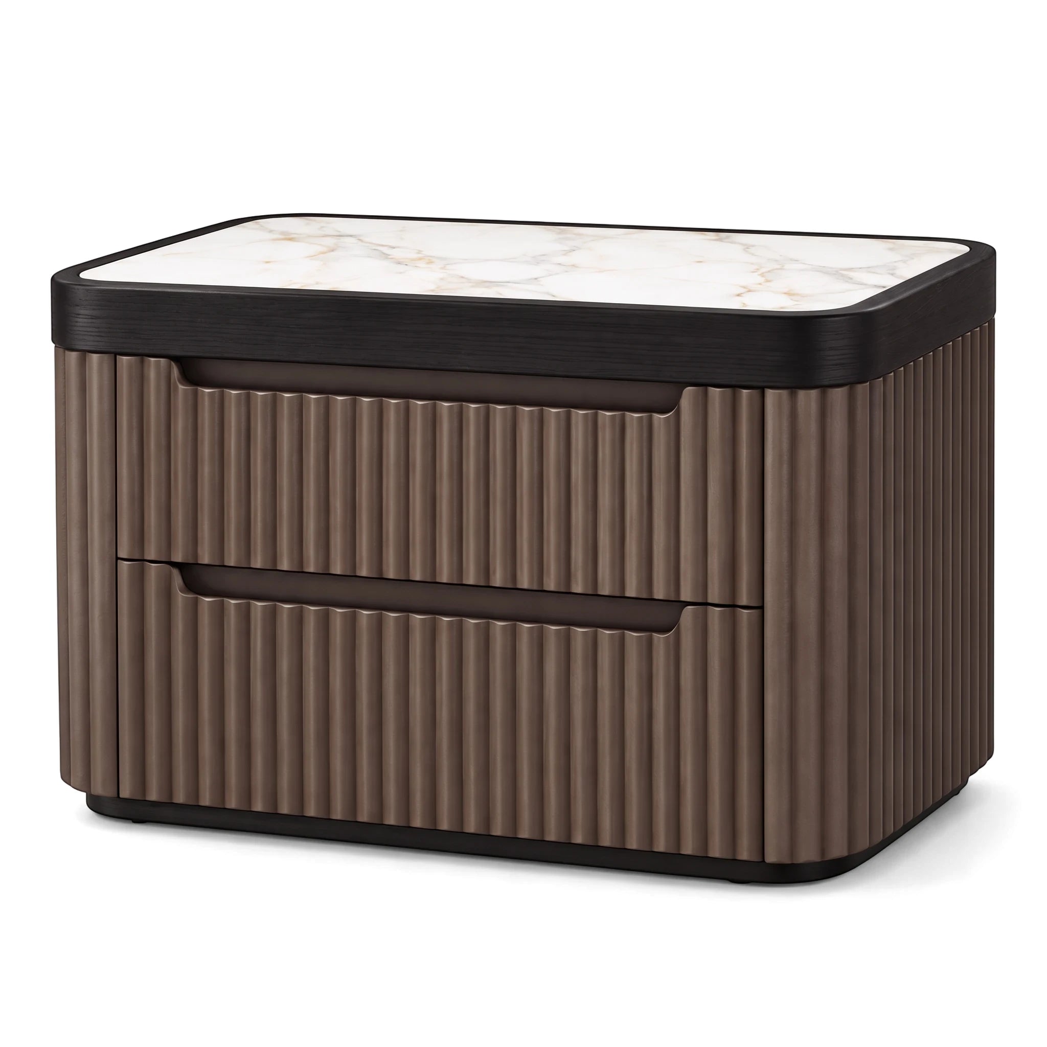 Luciana Black-Brown pedestal featuring a brown fluted body, black trim, and an elegant white marble top with two integrated