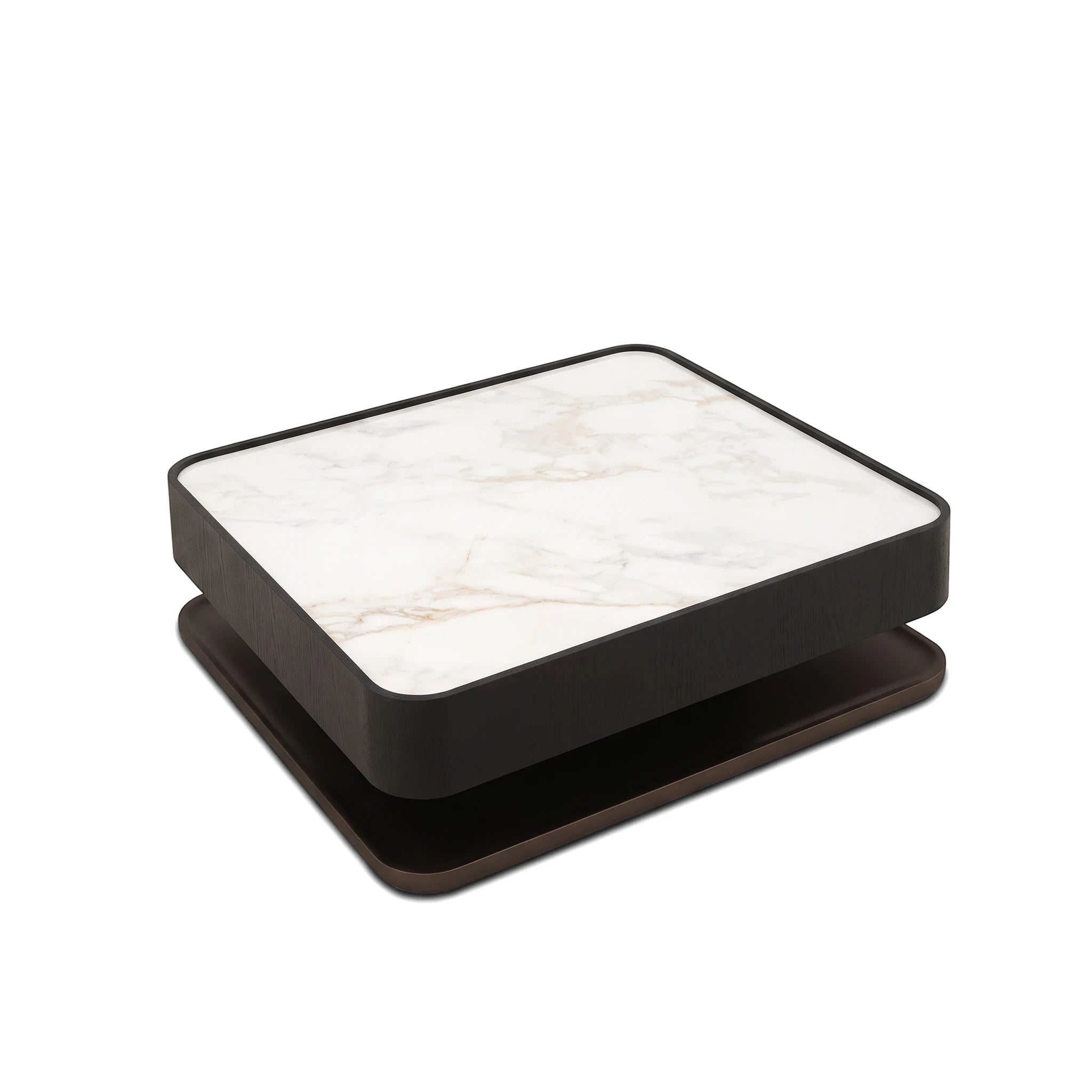 Luciana coffee table with a beautiful white marble top and a dark black-brown wooden base, viewed from a slight angle.