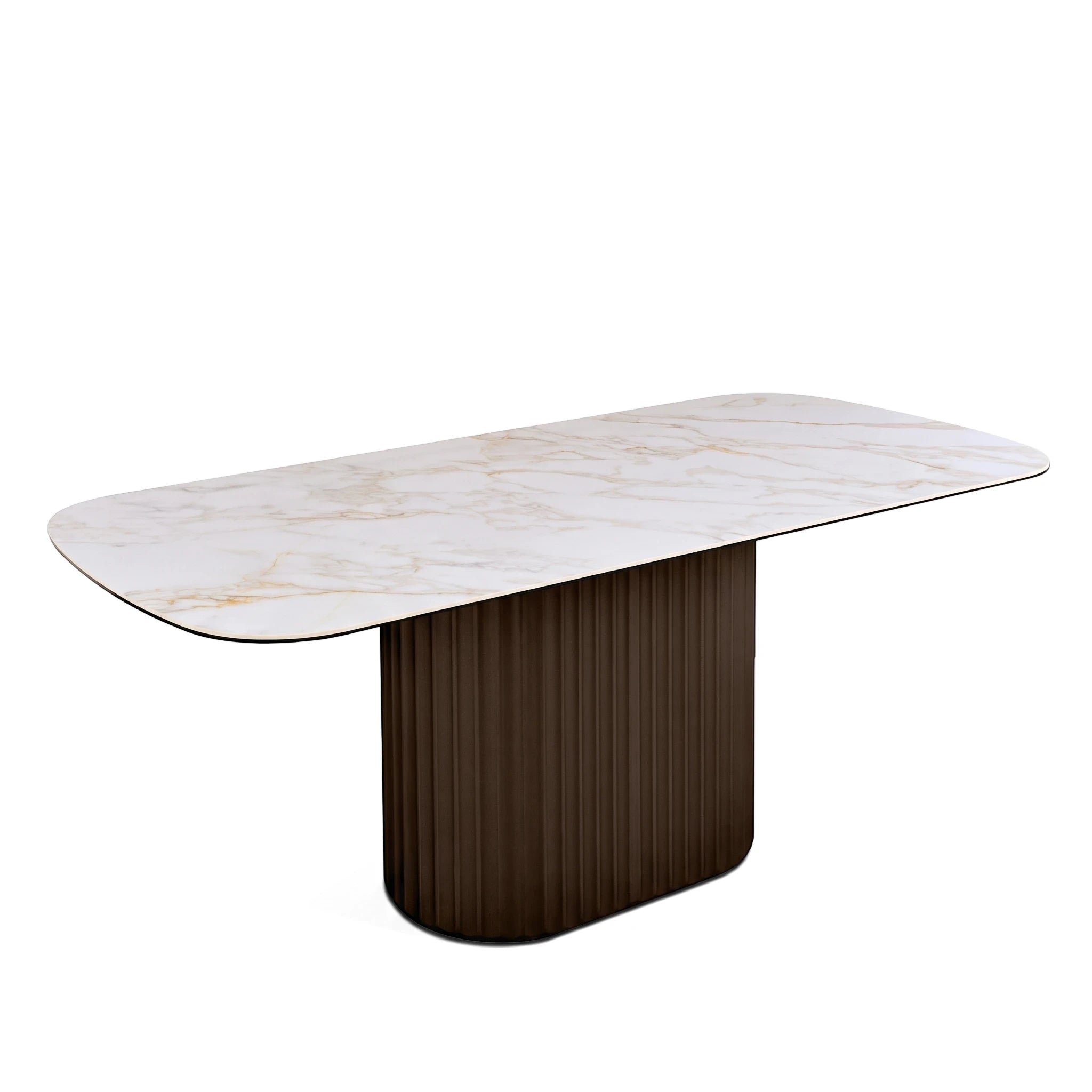 A modern Luciana dining room table with a rounded rectangular white marble top featuring subtle gold veining and a dark