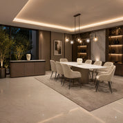 Luciana dining room table with white marble top and ribbed wood base in an elegant contemporary dining room.