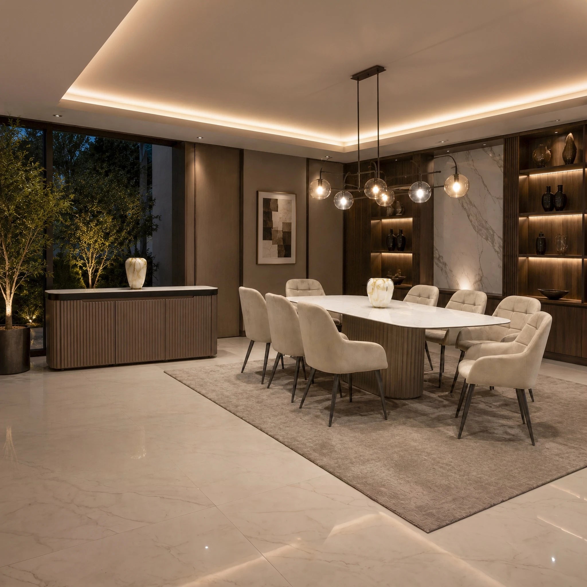 Luciana dining room table with white marble top and ribbed wood base in an elegant contemporary dining room.