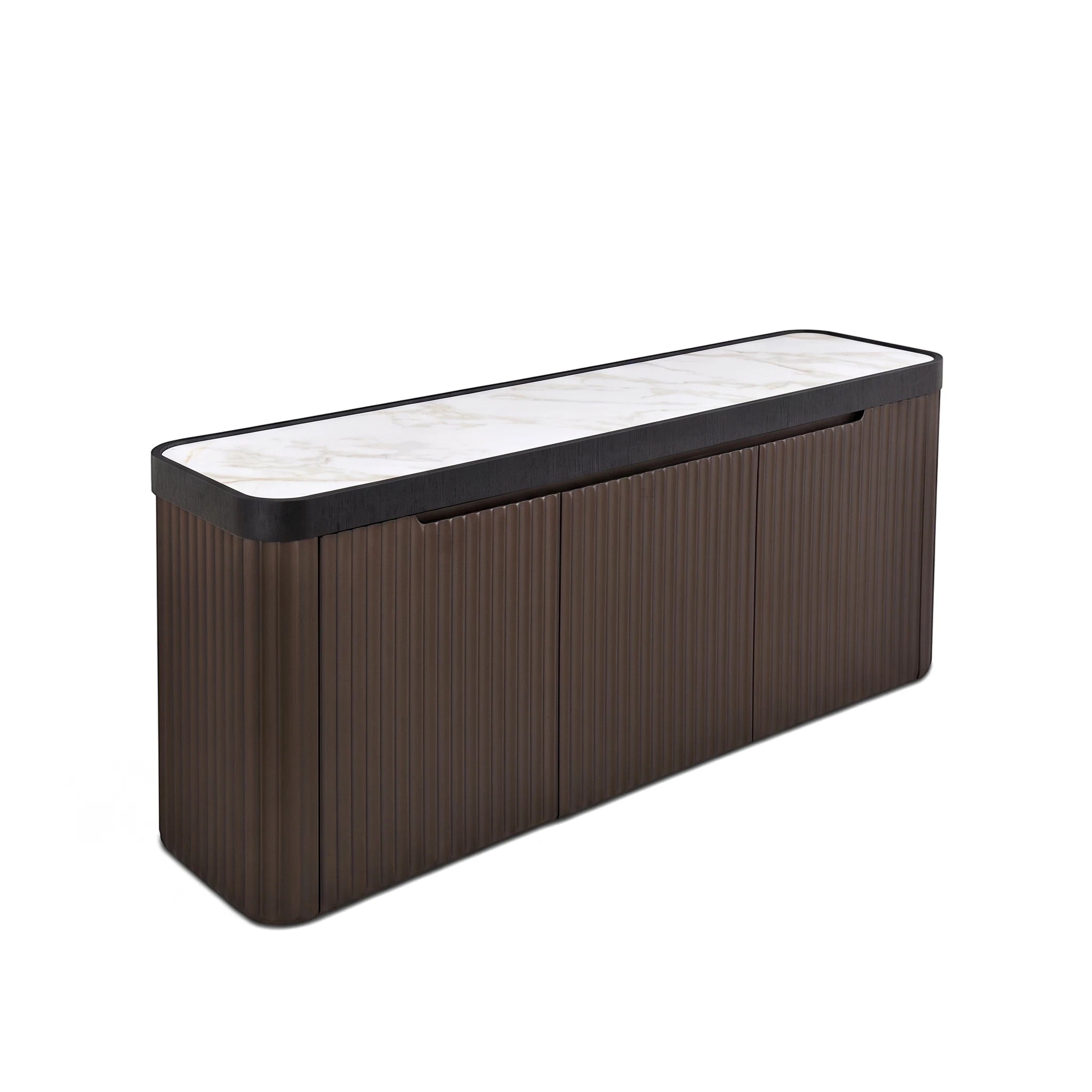 Angled view of a modern Luciana Sideboard featuring dark brown fluted panels and an elegant white marble top.