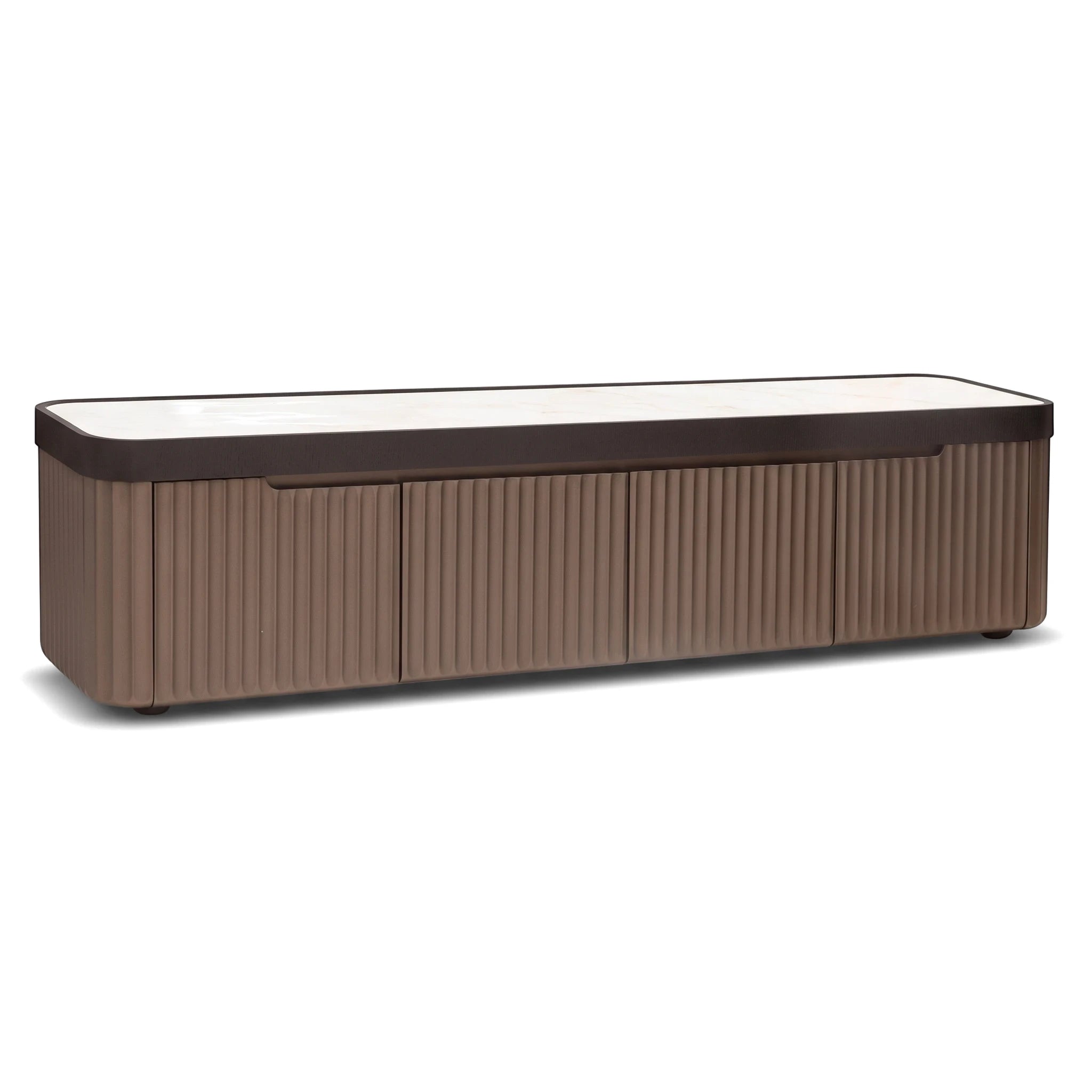 Luciana TV Stand in black-brown, featuring a rectangular marble-look top and fluted panel doors for stylish storage.