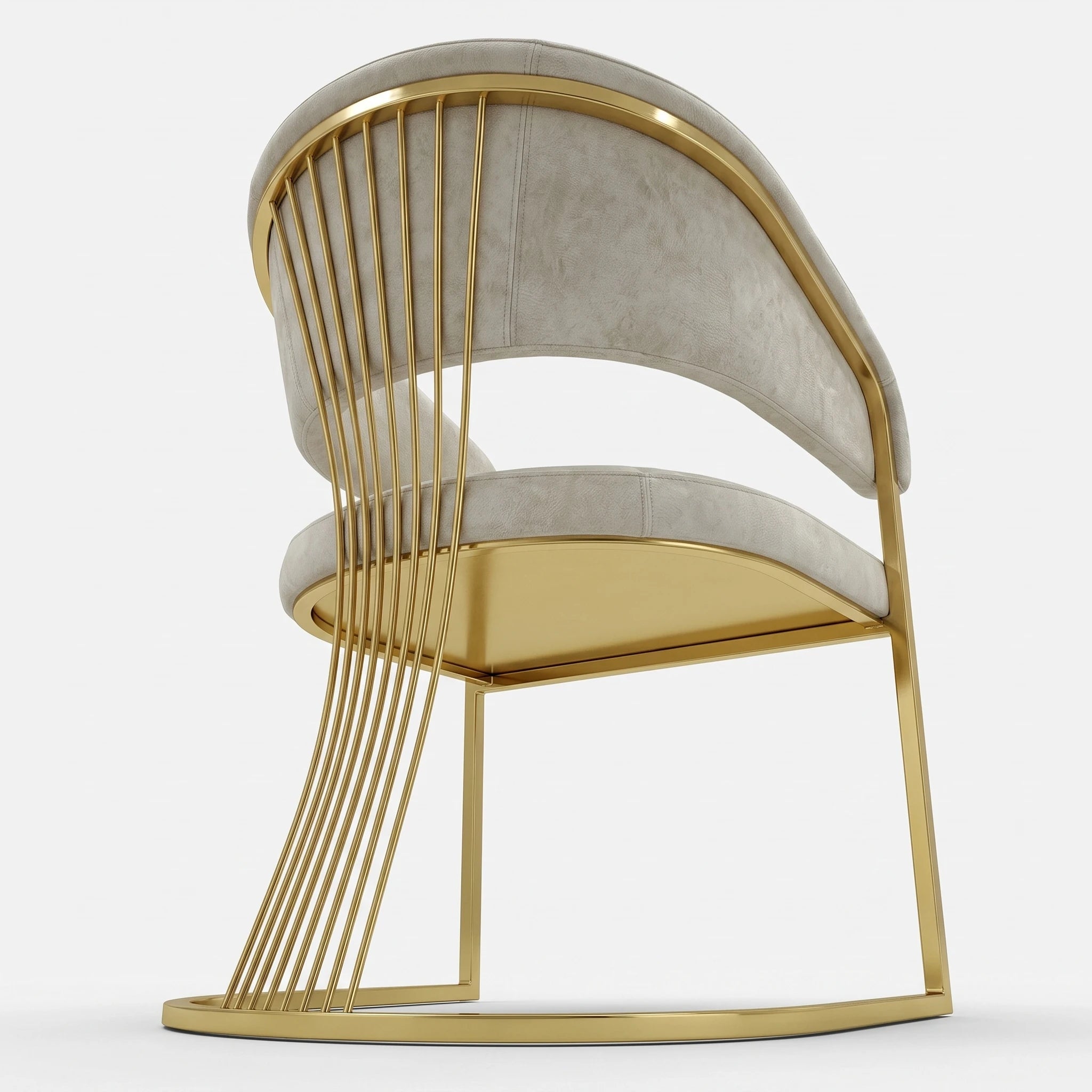 Marcello Dining Room Chair with light gray upholstered seat and curved back, side view with gold metal frame.
