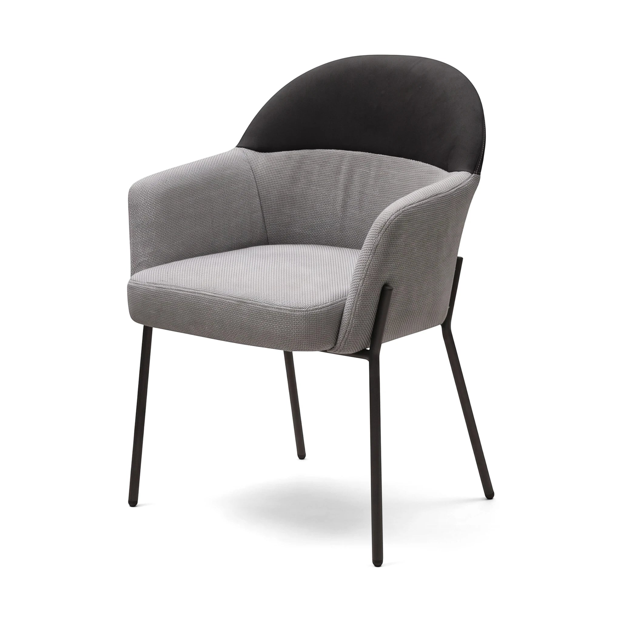 Gray fabric Marseille Dining Room Chair with black backrest and slender black metal legs, presented from a front-right view.