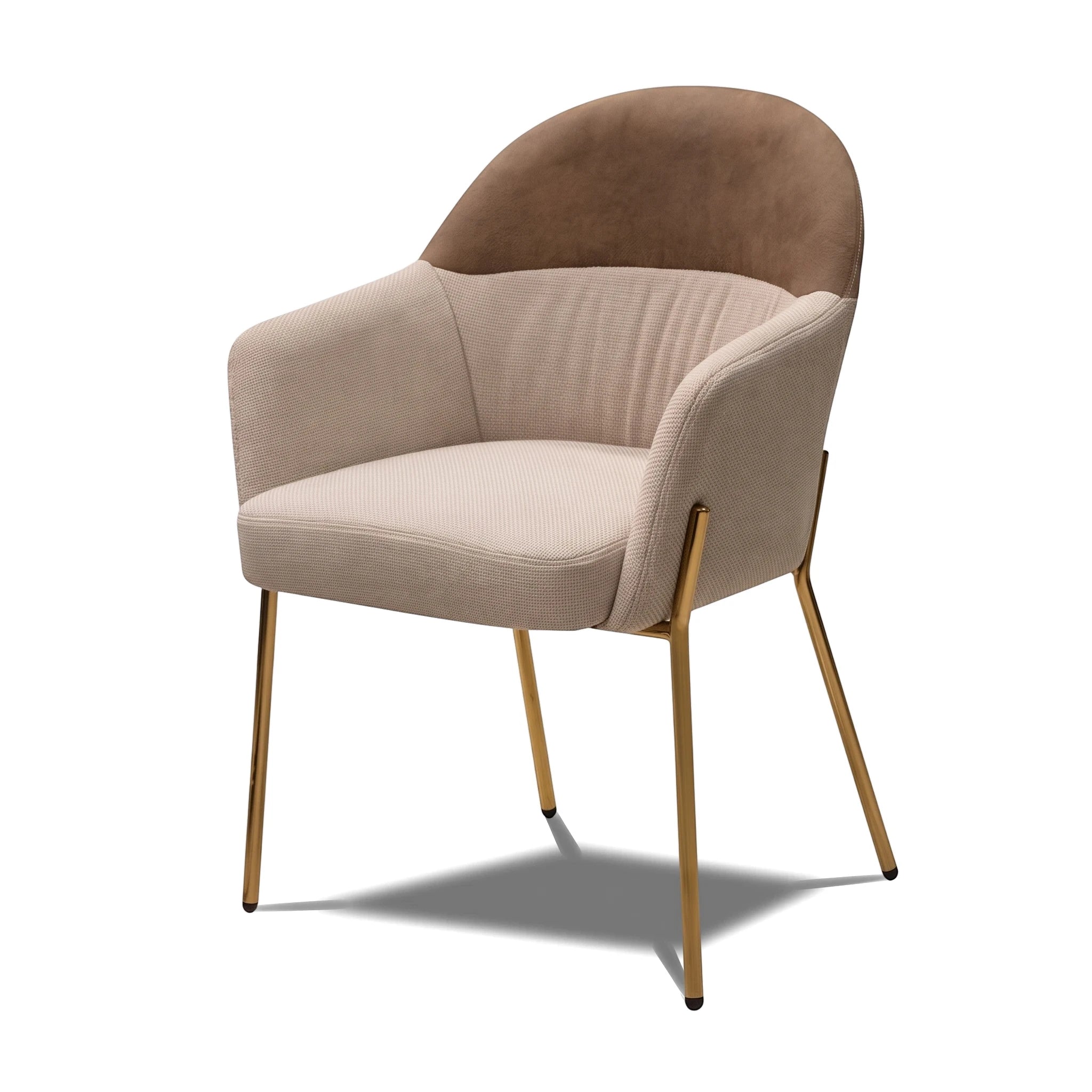 Marseille Dining Room Chair with two-tone beige fabric and brown velvet upholstery, featuring slim golden metal legs and a