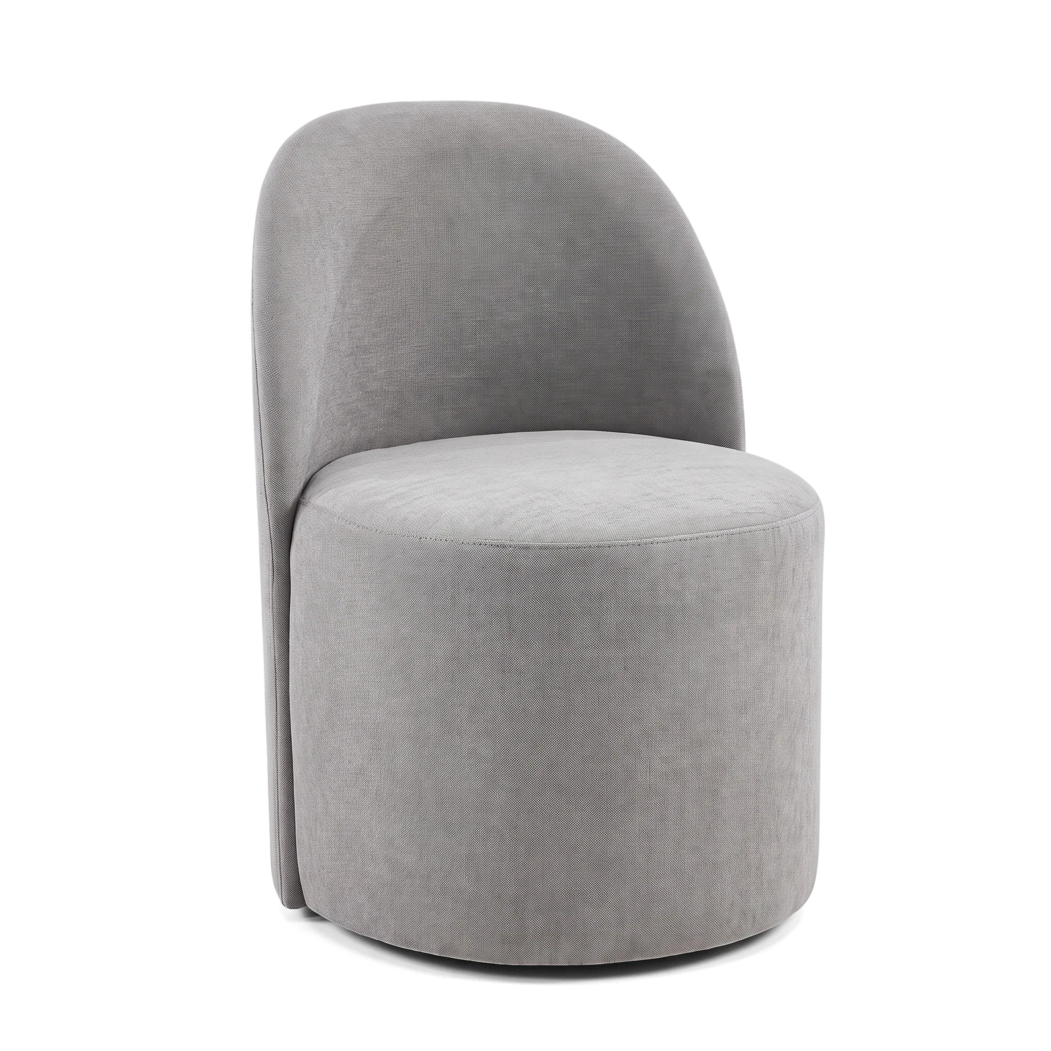 Modern gray upholstered Melrose Dining Room Chair On Wheels, featuring a curved backrest and a round seat, on a plain