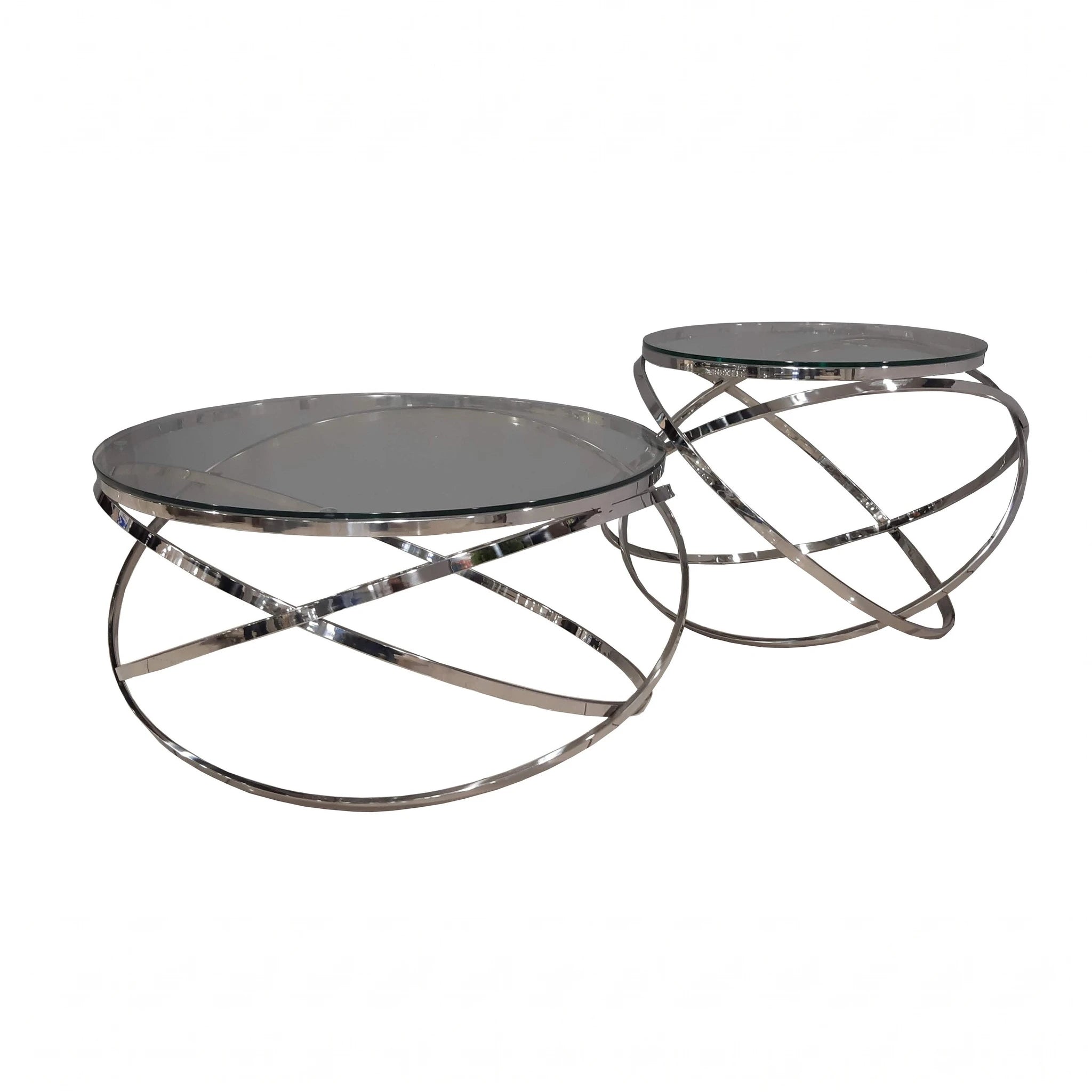 Merano Set Of 2 Coffee Tables in silver with round glass tops and chrome metal frames.