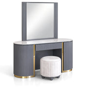 Modern Miraya dressing table set in graphite with a white marble top, matching mirror, and a white upholstered stool.