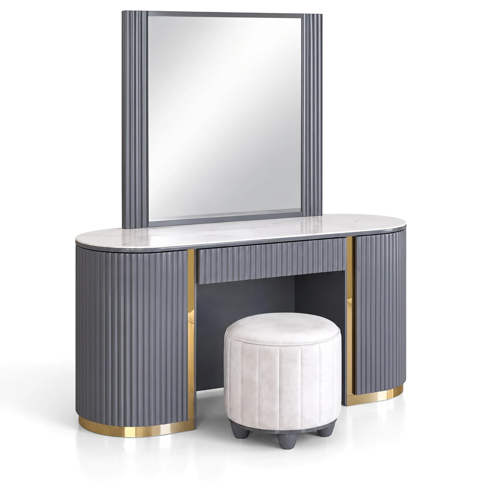 Modern Miraya dressing table set in graphite with a white marble top, matching mirror, and a white upholstered stool.