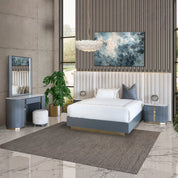 Miraya Dressing Table with Mirror and Stool in graphite finish, shown with a matching headboard in a modern bedroom setting.