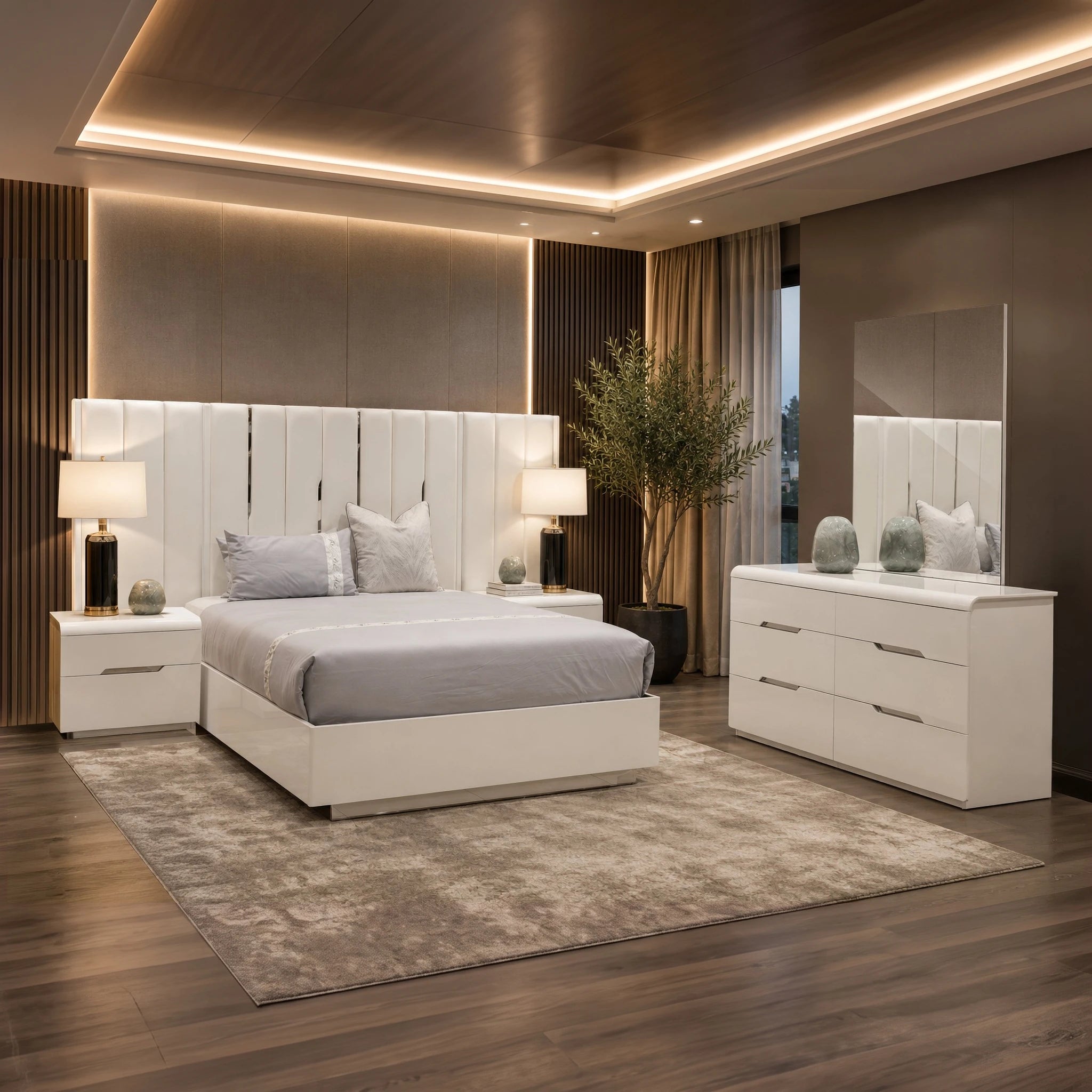 Mondavi 3 Piece Bedroom Suite in white featuring a padded headboard, matching nightstands, and a sleek dresser.