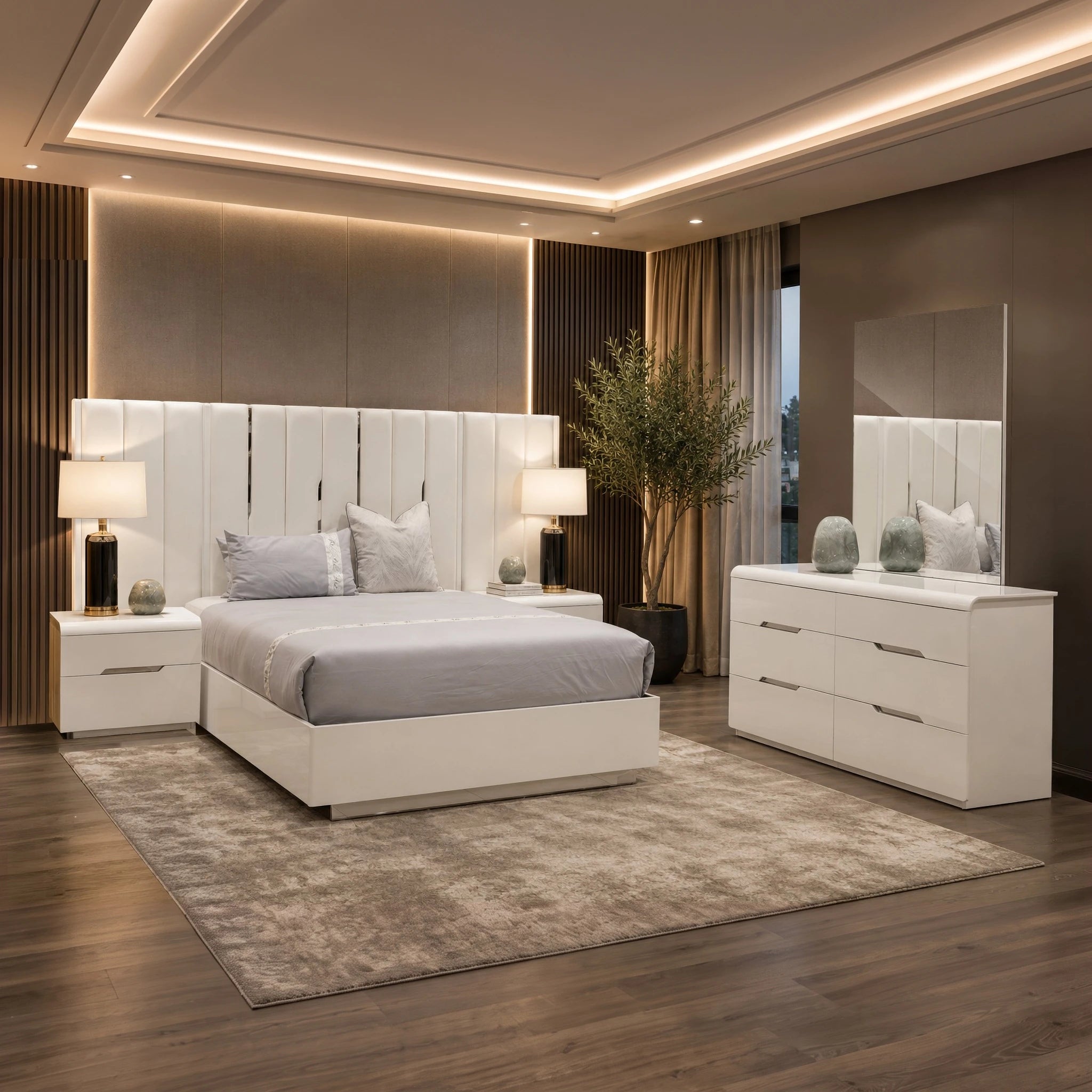 Mondavi Dressing Table and Mirror in white finish with a sleek, contemporary design and matching storage drawers