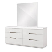 White Mondavi dressing table with six drawers and a rectangular mirror, featuring a modern design and polished finish.