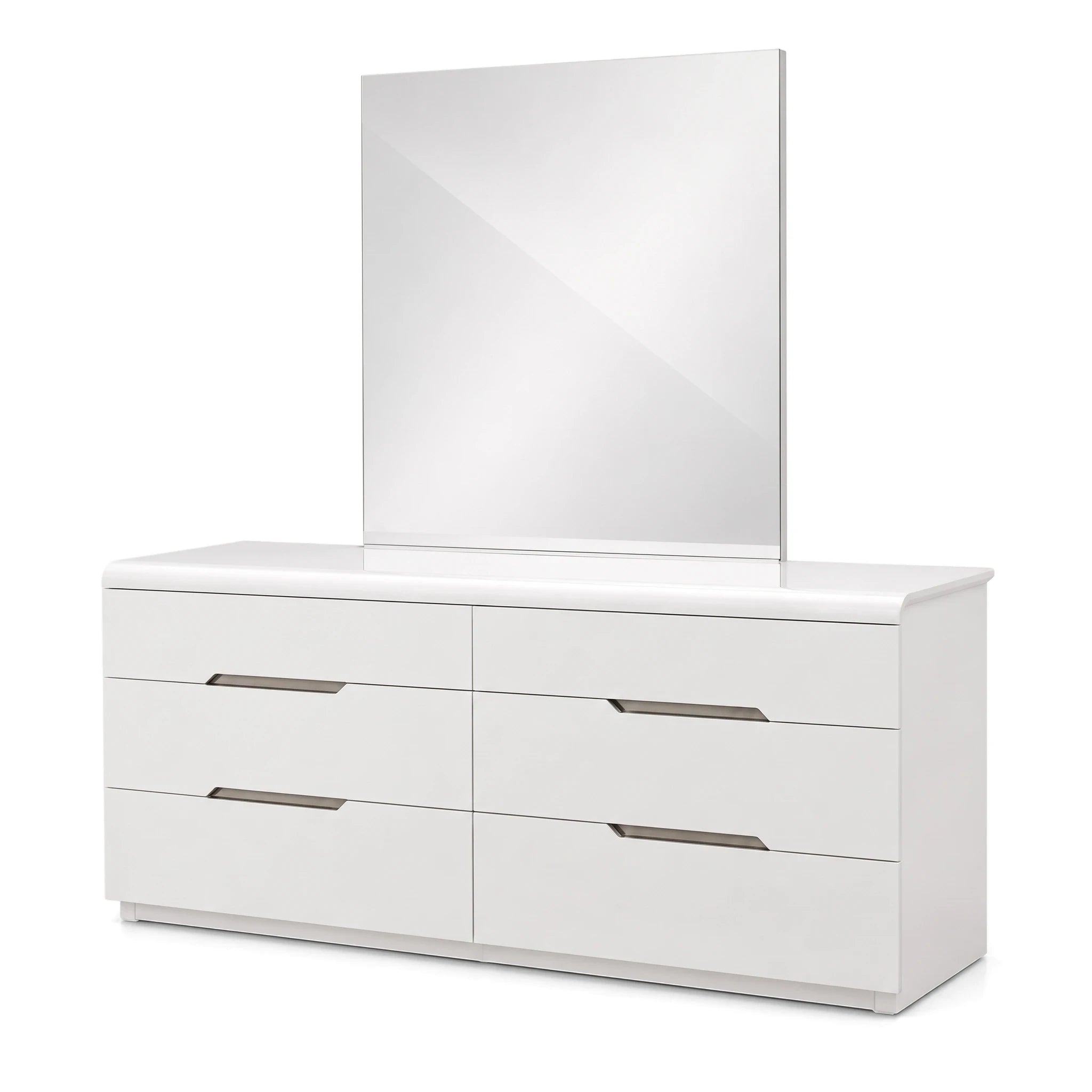 White Mondavi dressing table with six drawers and a rectangular mirror, featuring a modern design and polished finish.