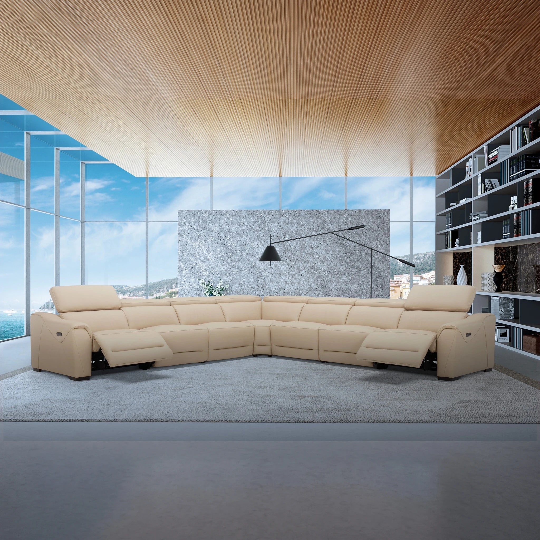 Monroe Power Recliner Lounge Suite in beige leather sectional, modern living room with expansive windows.