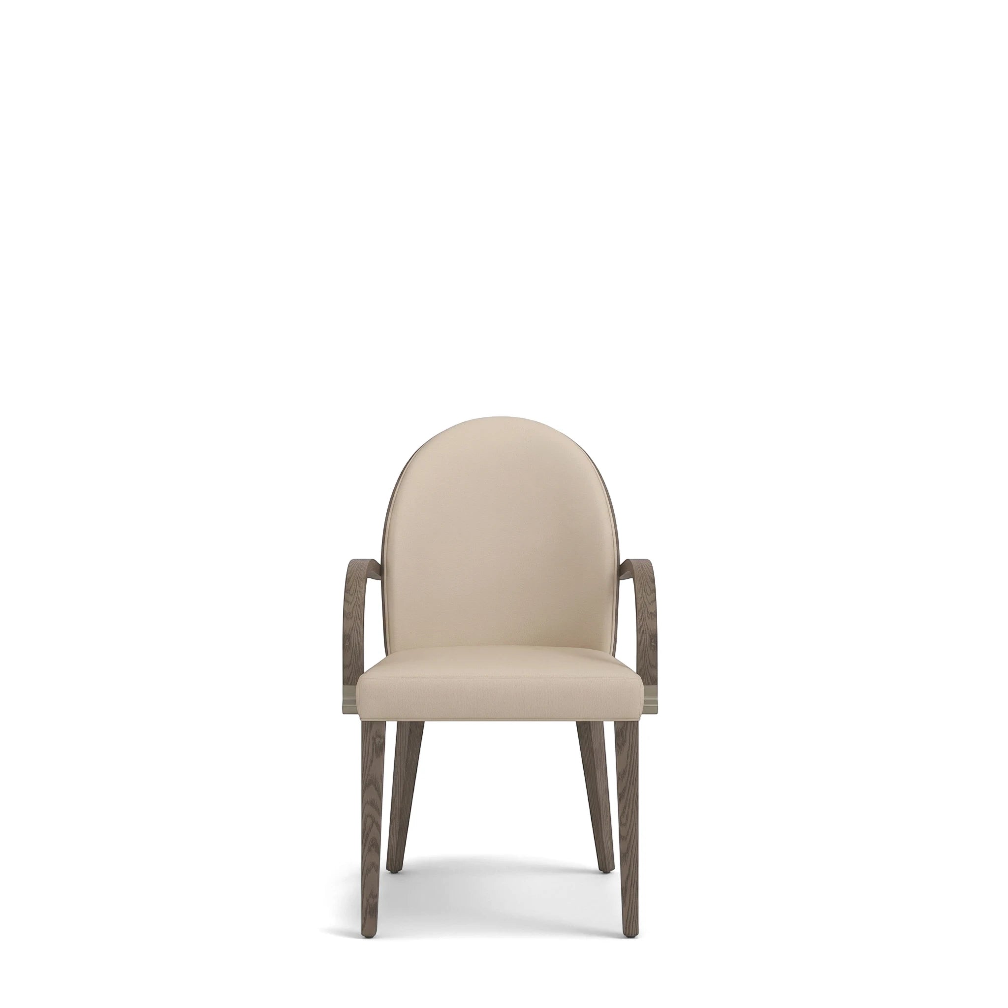 Montpellier Dining Room Chair with beige upholstered seat and backrest, and dark wood frame and armrests, viewed from the