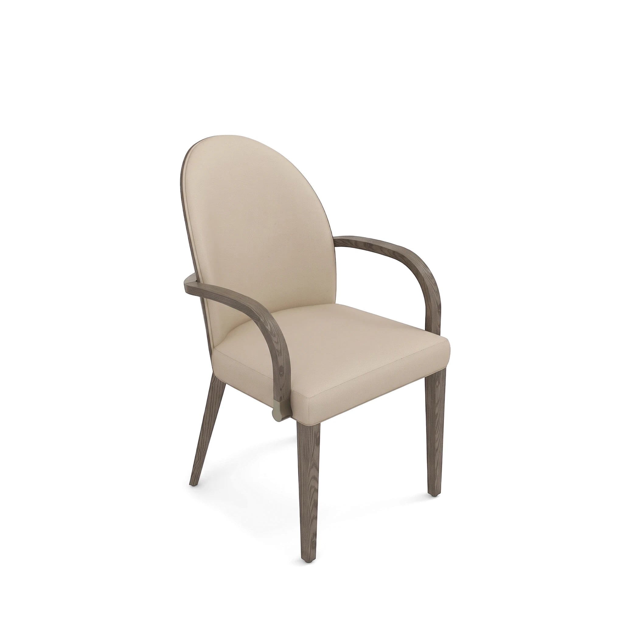 Montpellier Dining Room Chair with beige upholstered seat and back, featuring dark wooden curved armrests and tapered legs,