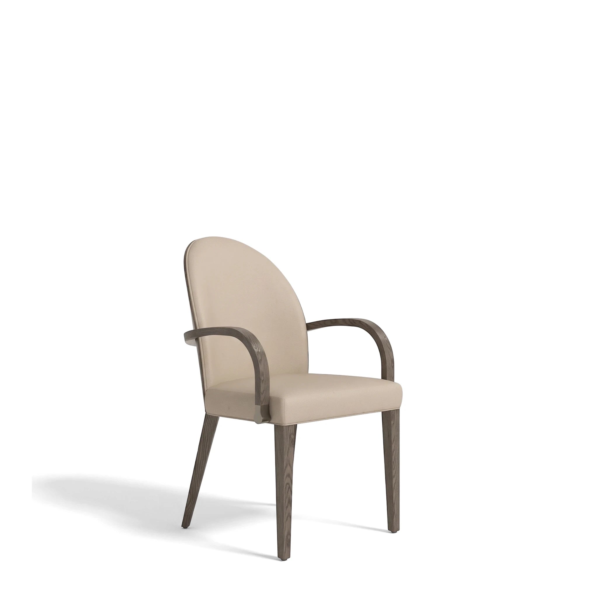 Montpellier Dining Room Chair with beige upholstered seat and back, dark wooden frame, and armrests, viewed from an angle.
