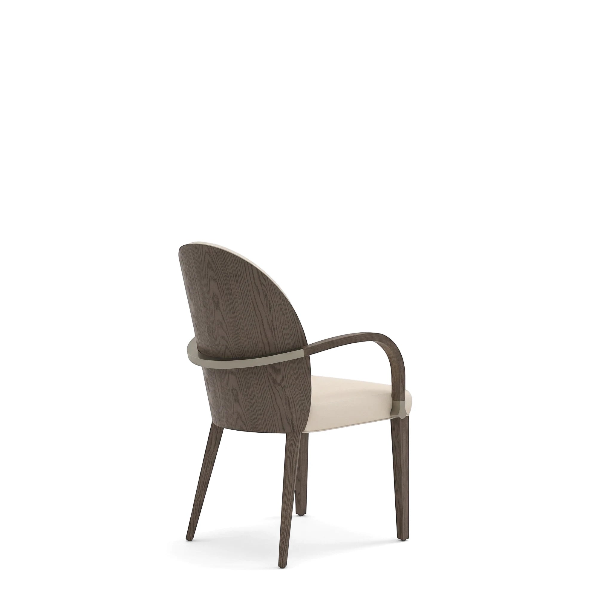 Montpellier Dining Room Chair with dark wood frame, curved backrest, and light upholstered seat, shown from a rear-side view.